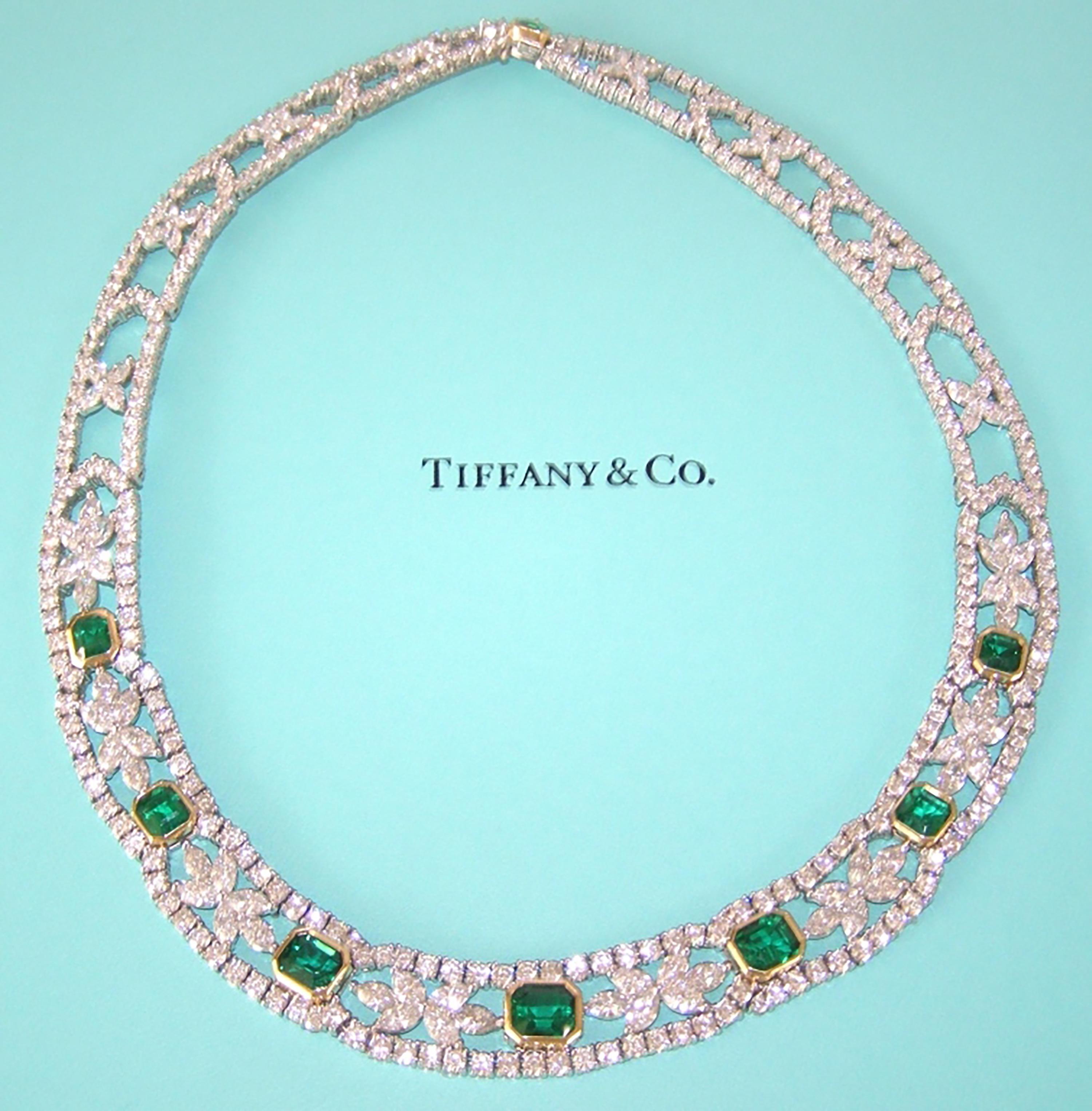 Presenting The Tiffany & Co Tsarina Necklace ~ An Important Tiffany & Co Platinum and 18k Yellow Gold Emerald Diamond Necklace ~ Emeralds, Round Brilliant Cut Diamonds, Marquise Brilliant Cut Diamonds, Pear Brilliant Cut Diamonds ~ Approx. 46.16tcw
