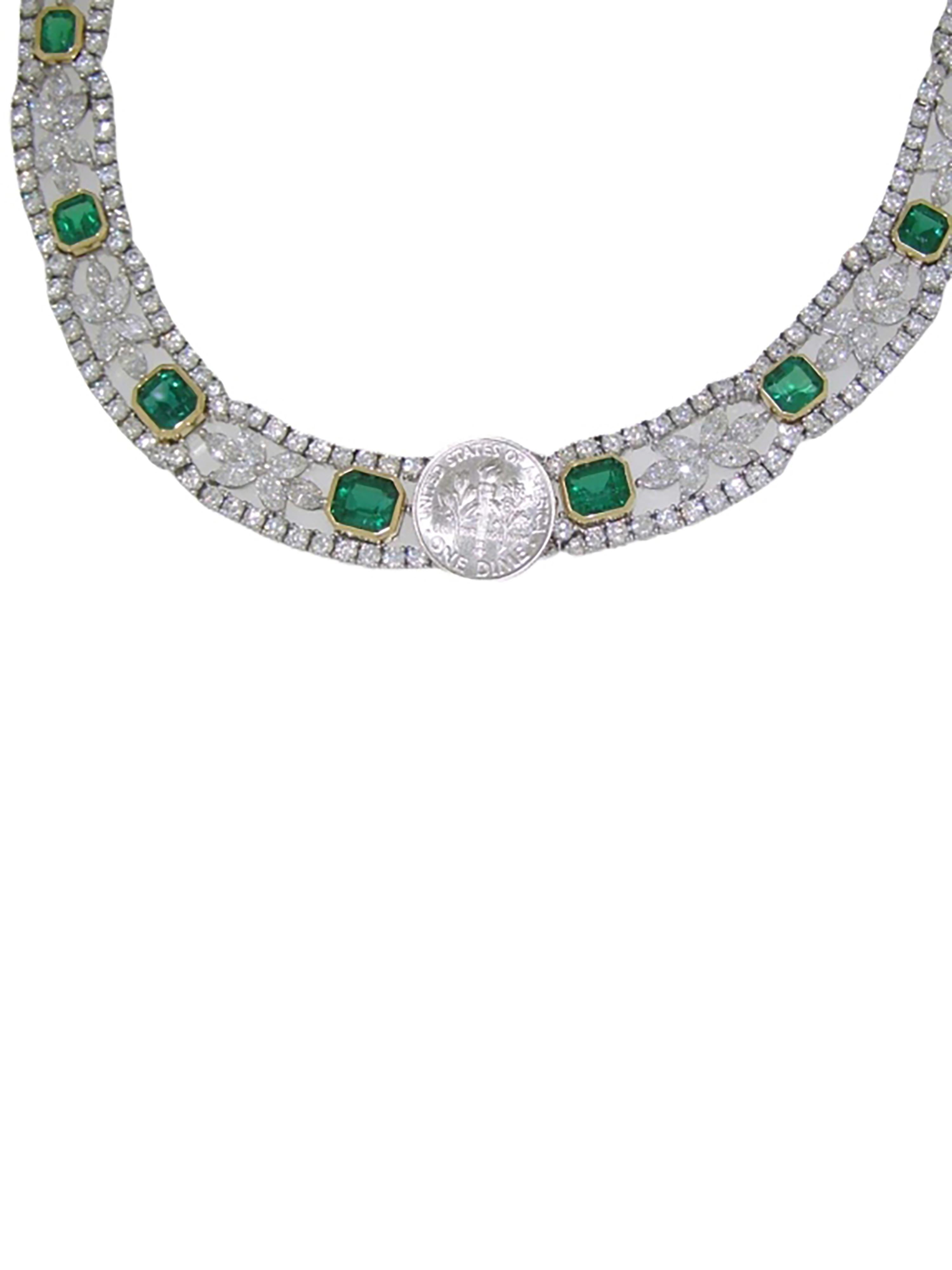 Brilliant Cut Tiffany & Co Platinum and 18k Yellow Gold Emerald Diamond Necklace For Sale