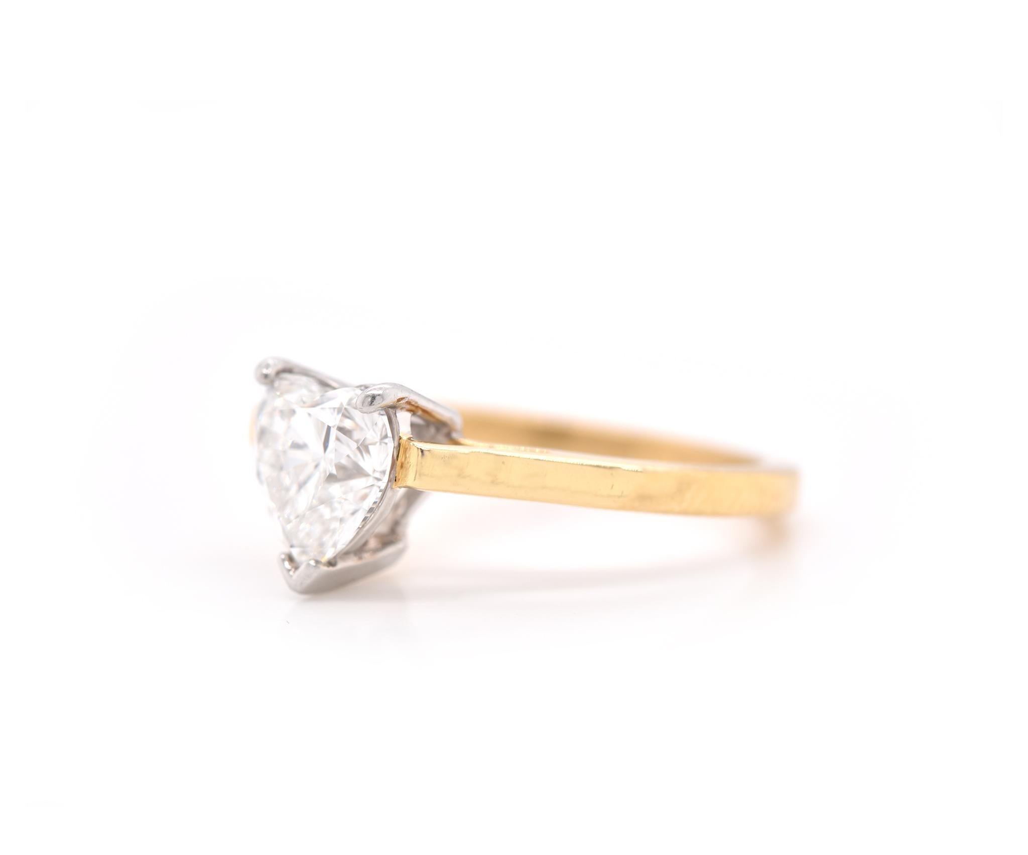 Designer: Tiffany & Co.
Material: platinum and 18k yellow gold
Diamond: 1 heart cut diamond = 2.05ct
Color: G
Clarity: VVS2
Ring Size: 8 ¼ (please allow up to 2 additional business days for sizing requests)
Dimensions: ring top measures 9.37mm x