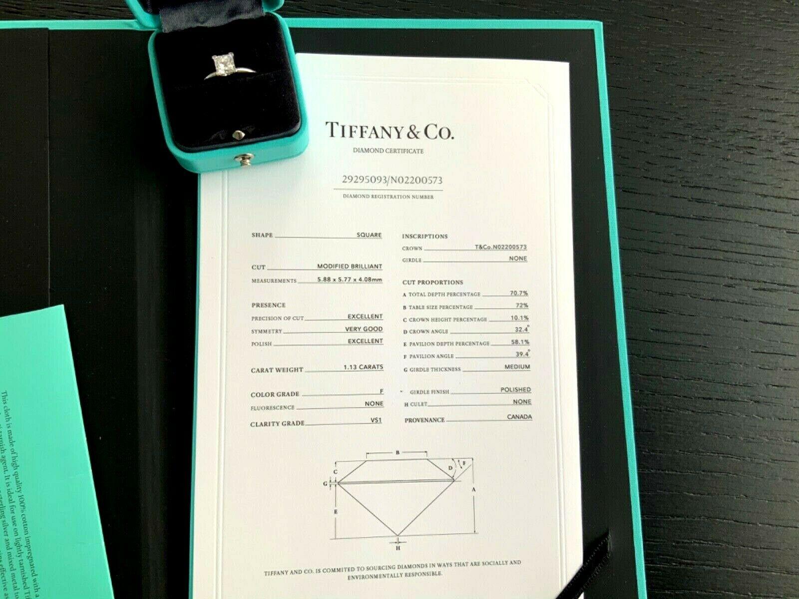 Tiffany & Co. Platinum and Diamond Princess Cut Ring 1.13 Carat F VS1 For Sale 5