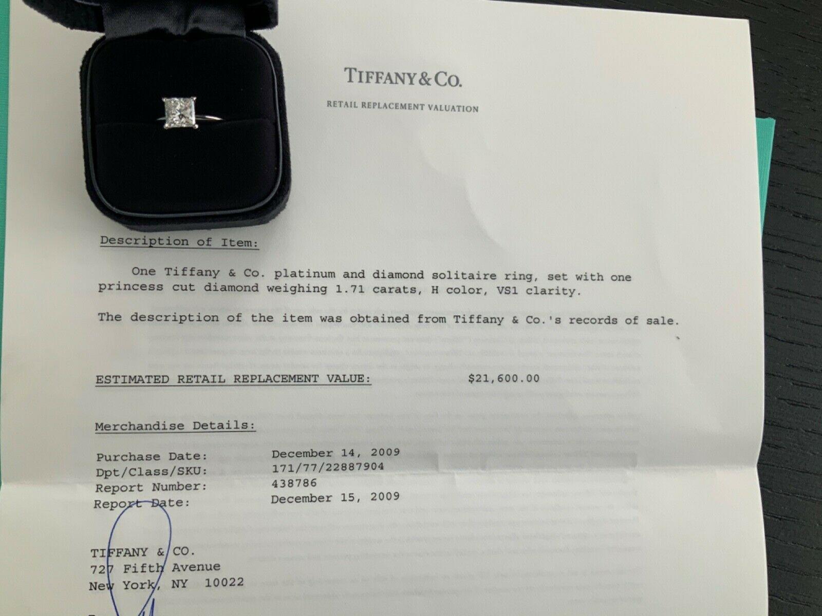 Tiffany & Co. Platinum and Diamond Princess Cut Ring 1.71 Carat H VS1 6