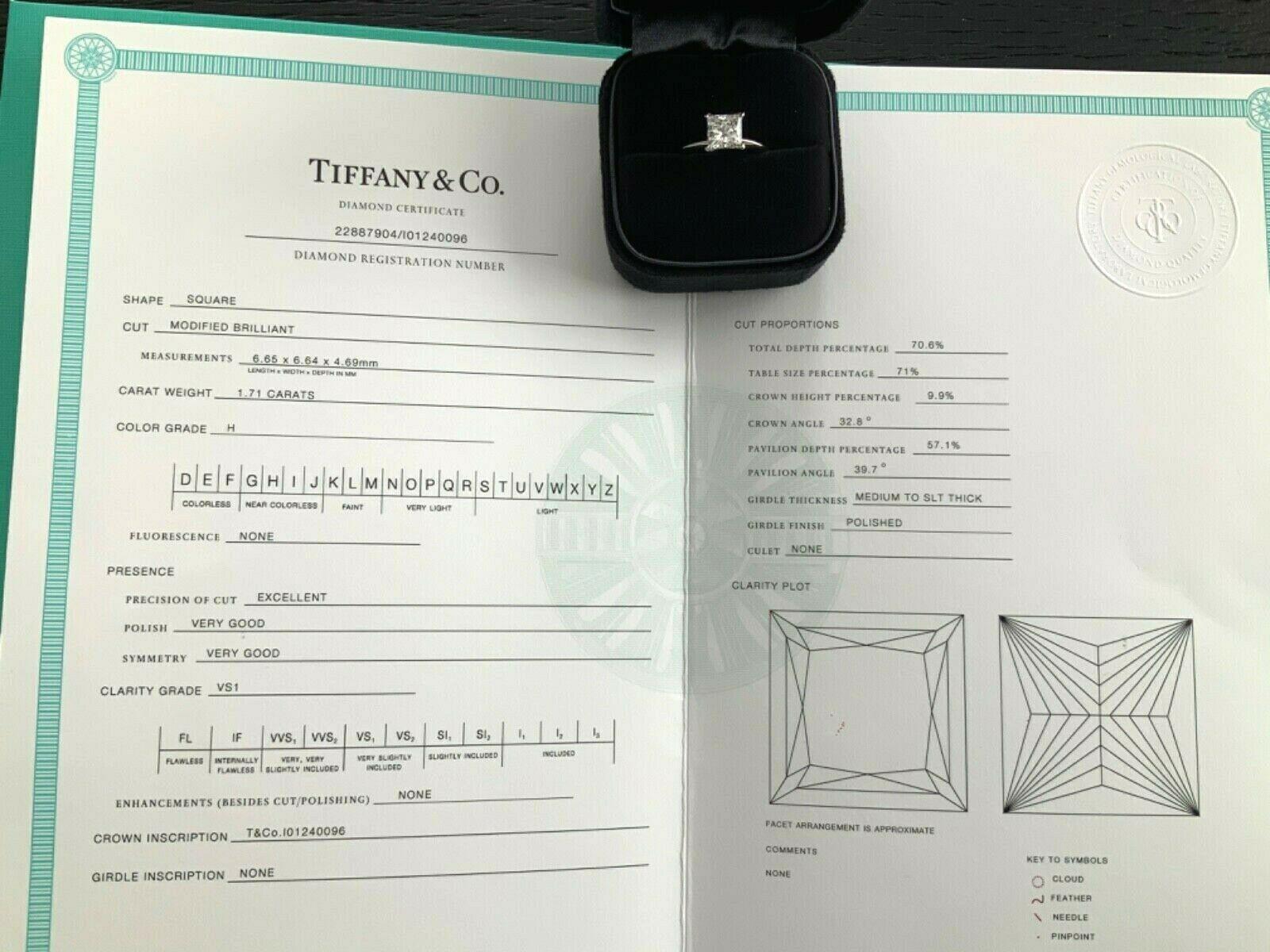 Tiffany & Co. Platinum and Diamond Princess Cut Ring 1.71 Carat H VS1 4