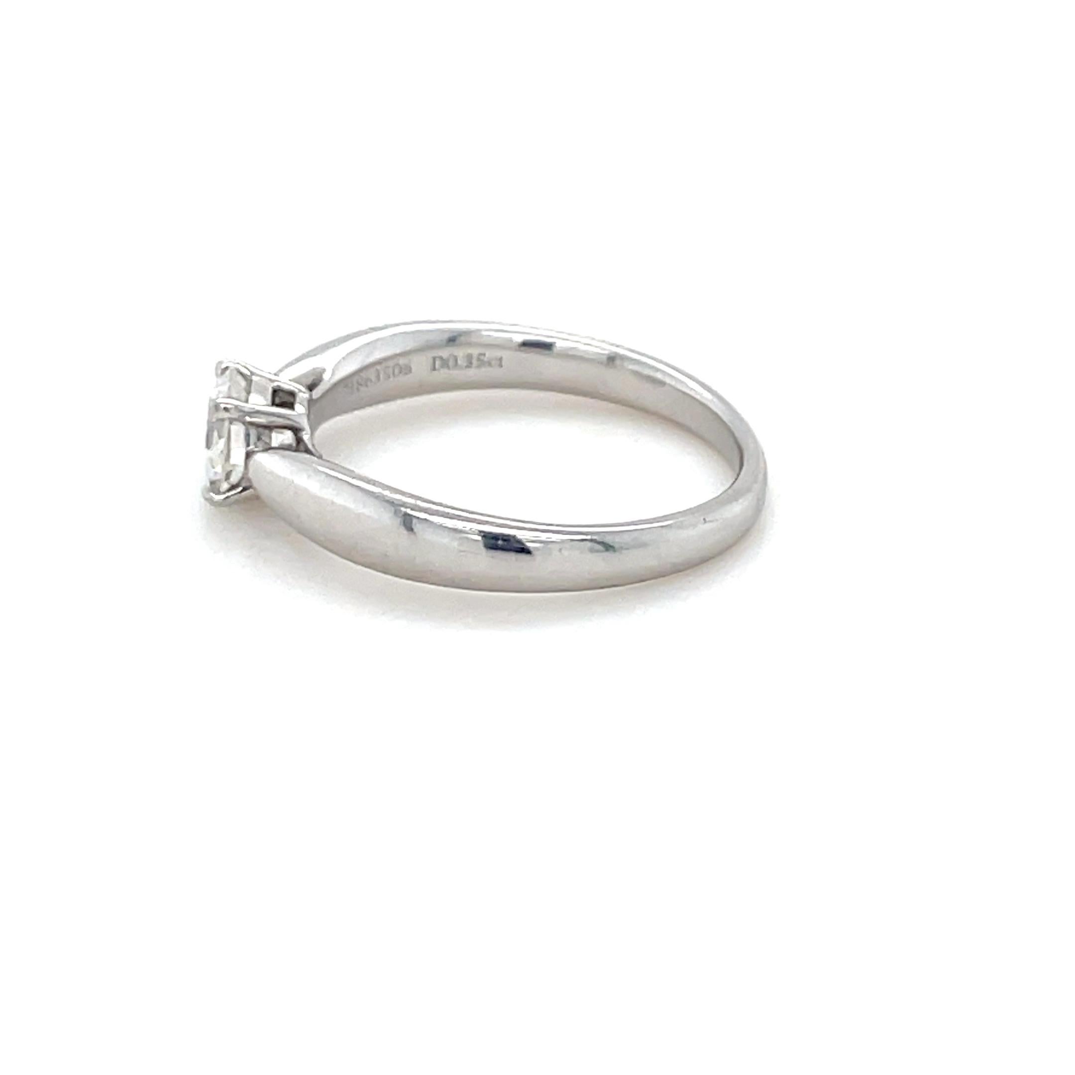 Diamond cut: Round Brilliant 
Carat: 0.35 ct.
Grading: H color, VVS1 clarity, Triple Ex
Metal: Platinum
Ring size: 4
Stamp: TIFFANY&CO. Pt950 71863506 DO .35ct.
Gross weight: 3.20 grams
Accompanied by: Tiffany & Co. Diamond Certificate 