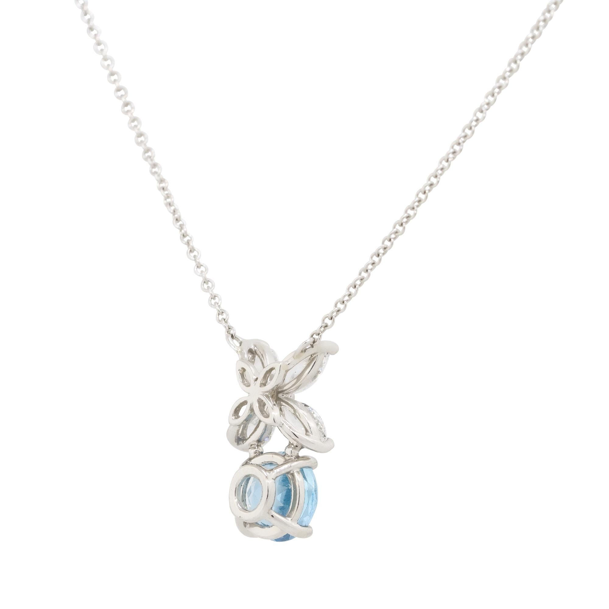 Round Cut Tiffany & Co. Platinum Aquamarine & Diamond Pendant Chain Necklace