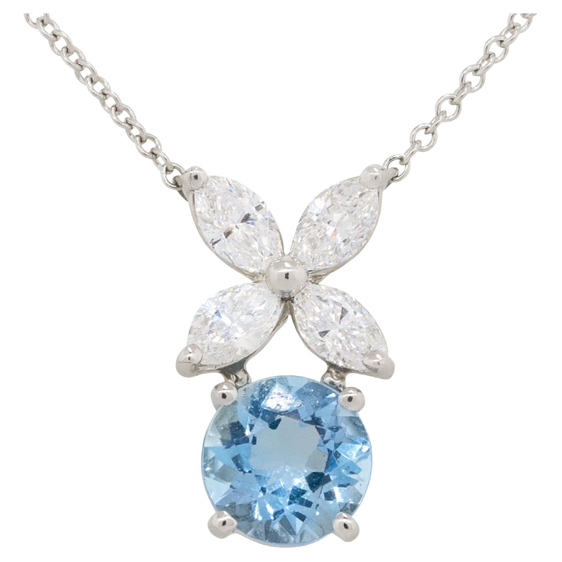 Tiffany & Co. Platinum Aquamarine & Diamond Pendant Chain Necklace
