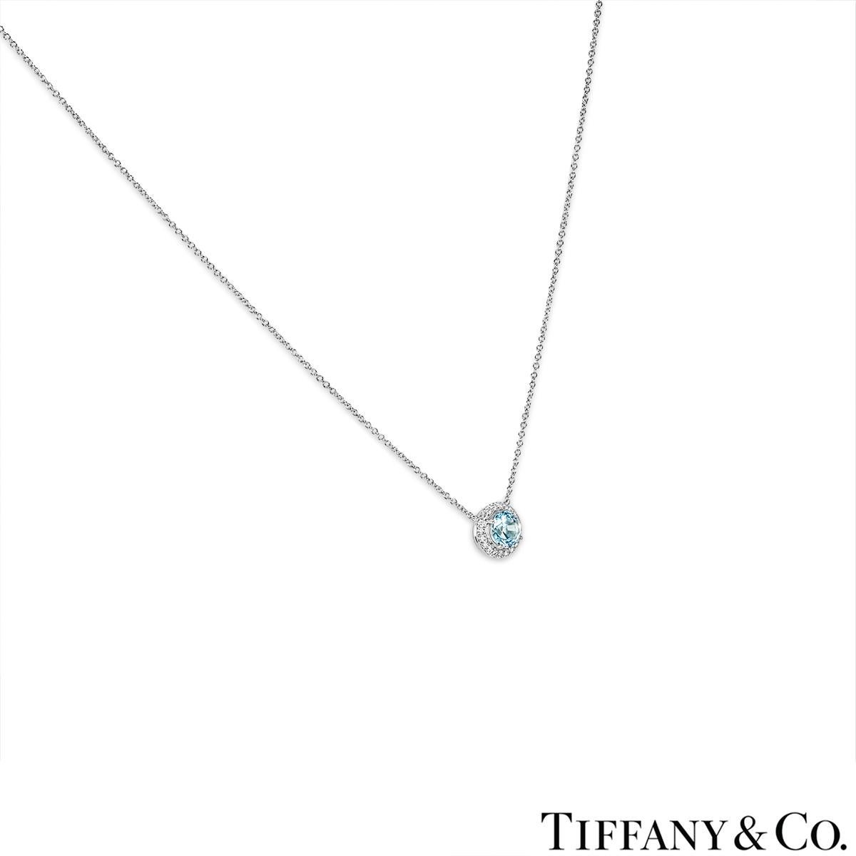 An enchanting platinum aquamarine and diamond pendant by Tiffany & Co. from the Soleste collection. The pendant features an aquamarine set to the centre in a four prong mount with an approximate weight of 0.75ct, displaying an even light blue hue.