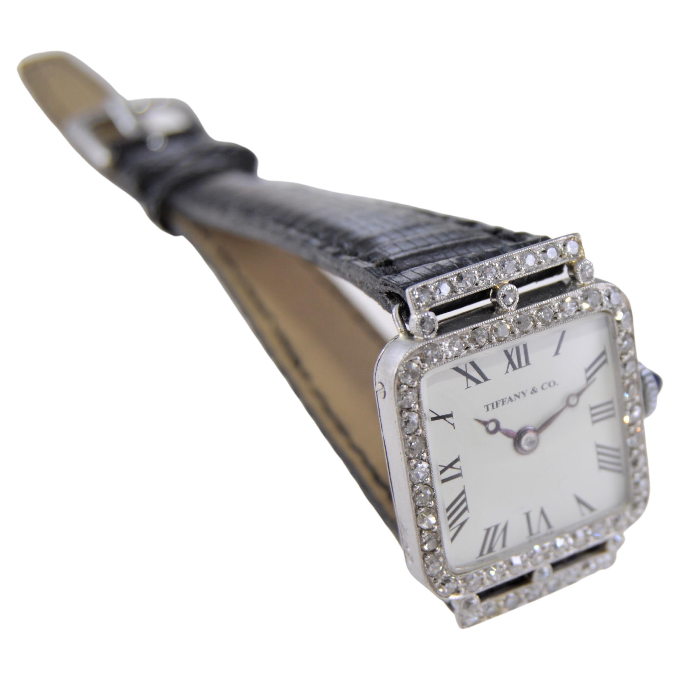 FACTORY / HOUSE: Tiffany & Co.
STYLE / REFERENCE: Art Deco / Dress Style 
METAL / MATERIAL: Platinum and Diamonds 
CIRCA / YEAR: 1920's
DIMENSIONS / SIZE: 30mm Length X 22mm Width
MOVEMENT / CALIBER: Manual Winding / 18 Jewels / Caliber High Grade