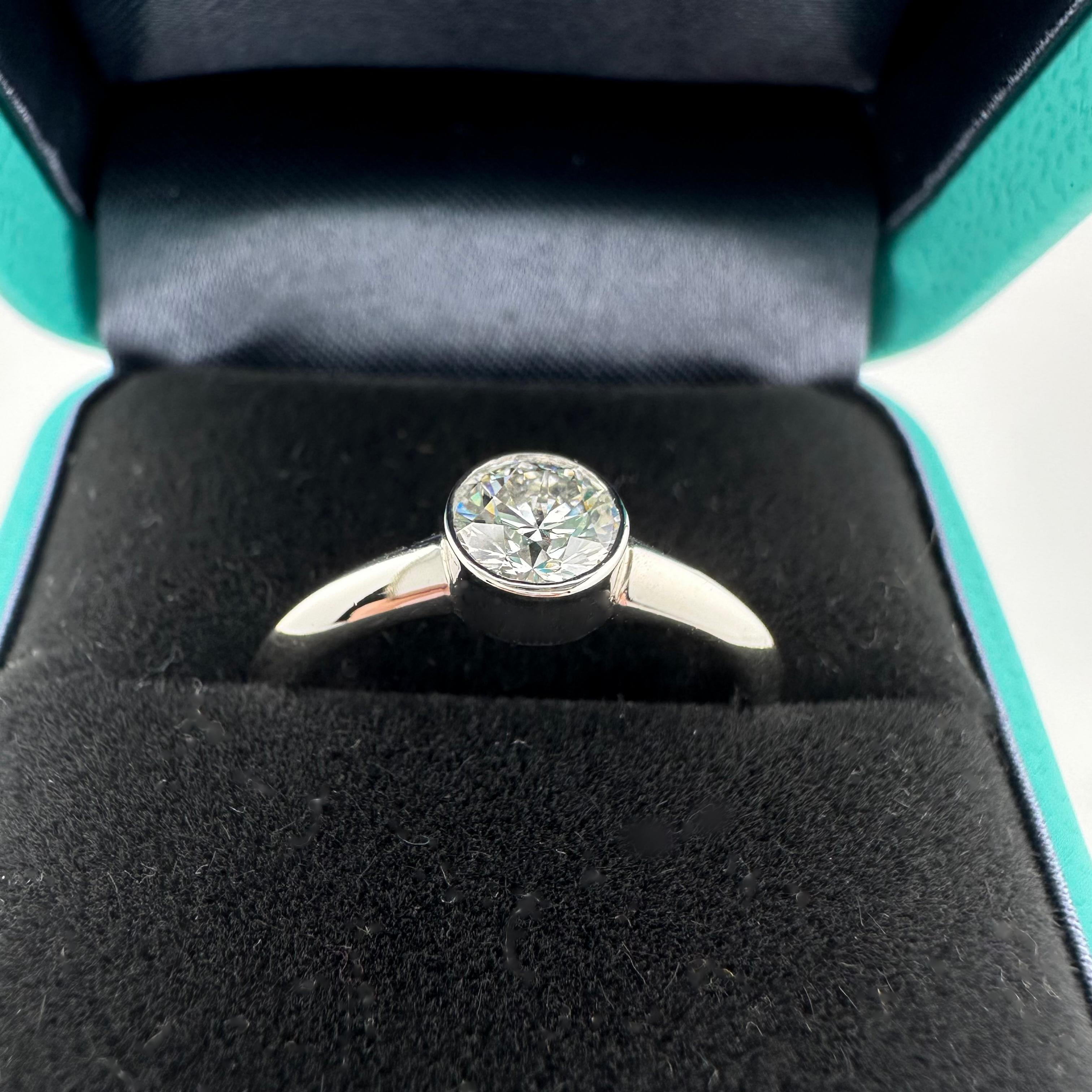 Tiffany & Co Platinum Bezet Diamond Engagement Ring Round 0.57ct F VS1 Bezel Set For Sale 6