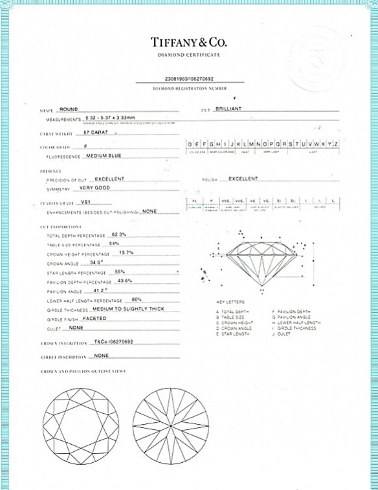 Tiffany & Co Platinum Bezet Diamond Engagement Ring Round 0.57ct F VS1 Bezel Set For Sale 15