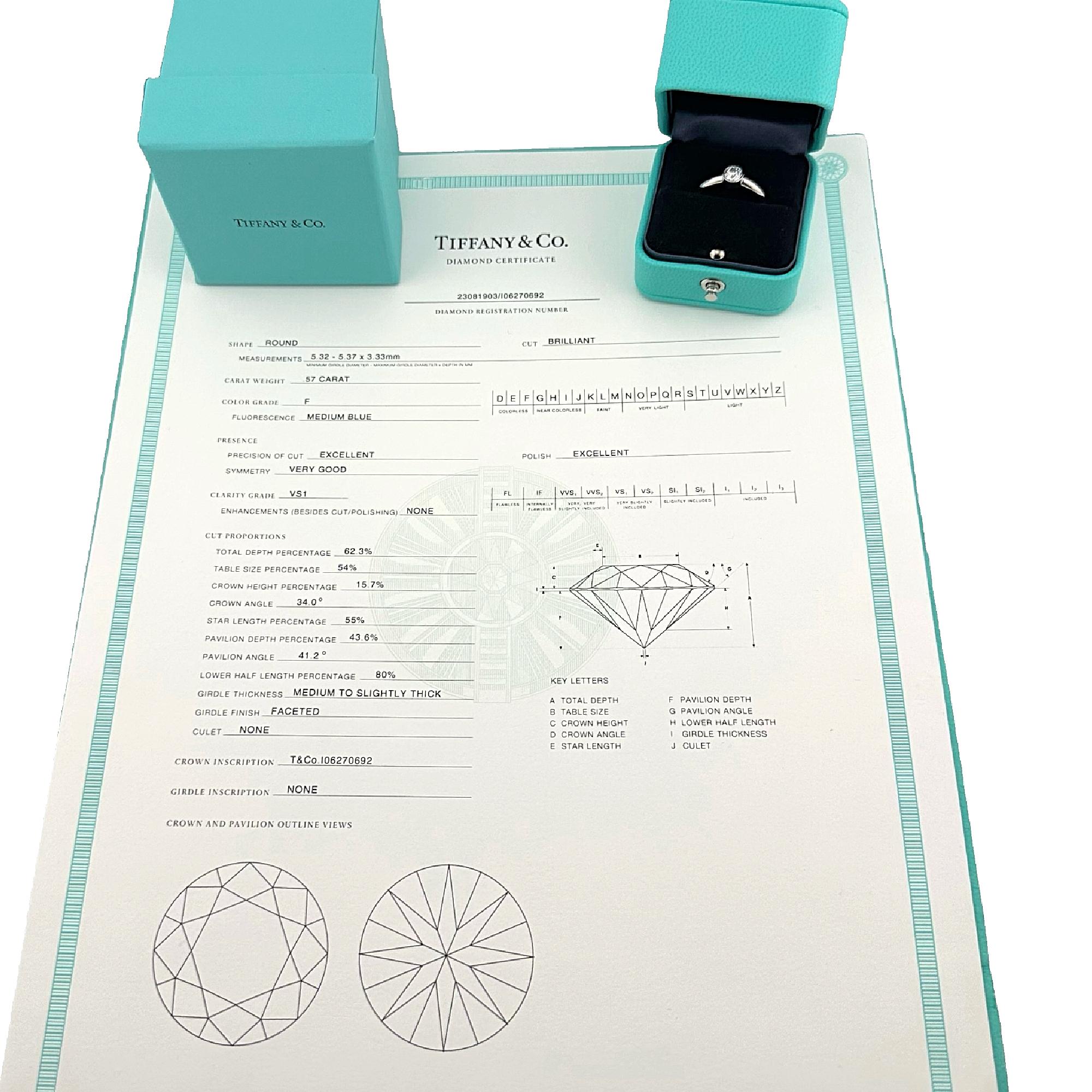 Tiffany & Co Platinum Bezet Diamond Engagement Ring Round 0.57ct F VS1 Bezel Set For Sale 2