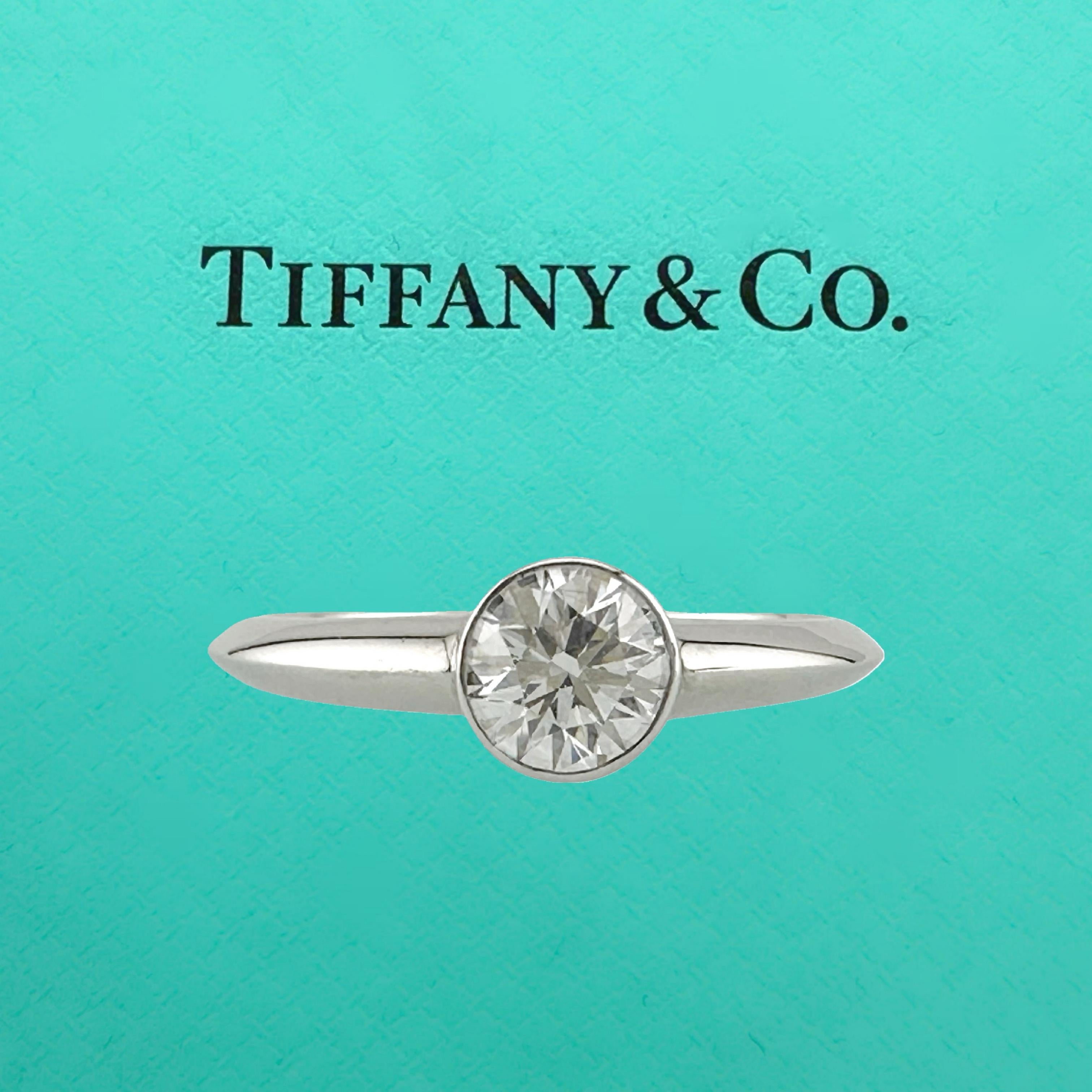 Tiffany & Co Platinum Bezet Diamond Engagement Ring Round 0.57ct F VS1 Bezel Set For Sale 3