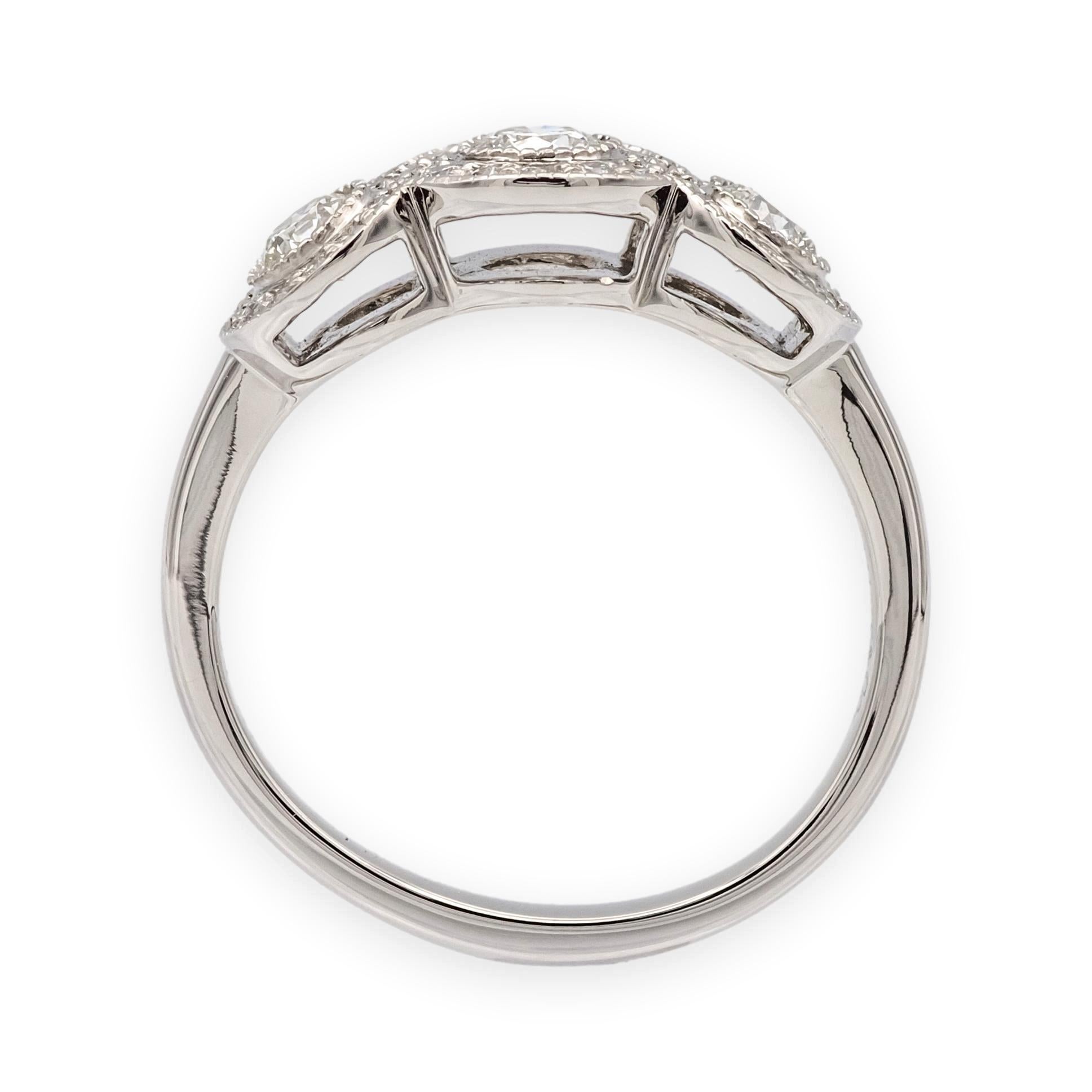 Women's Tiffany & Co. Platinum Circlet 3-Stone Halo Diamond Ring – .90 Ct Total Weight For Sale
