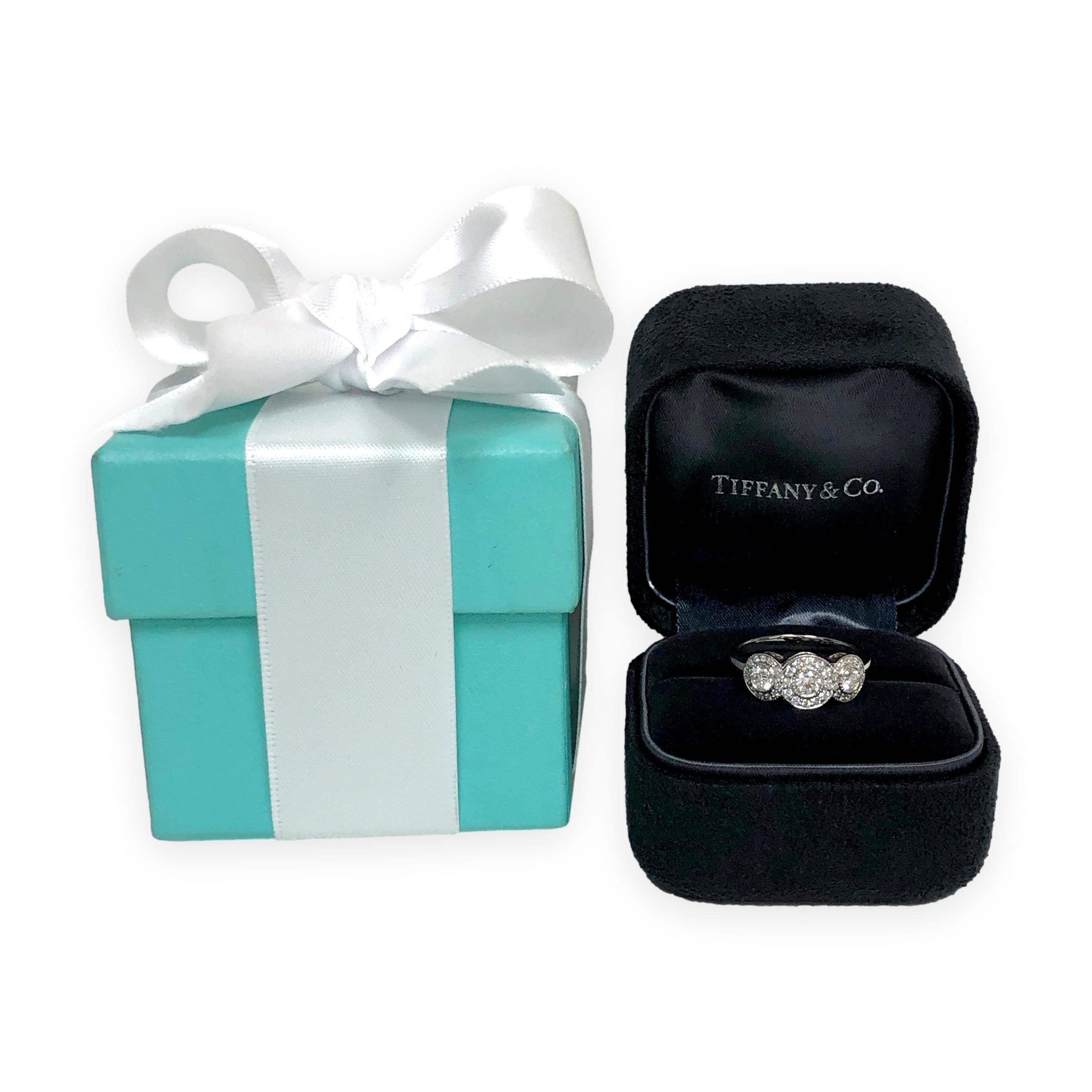 Tiffany & Co. Platinum Circlet 3-Stone Halo Diamond Ring – .90 Ct Total Weight For Sale 2