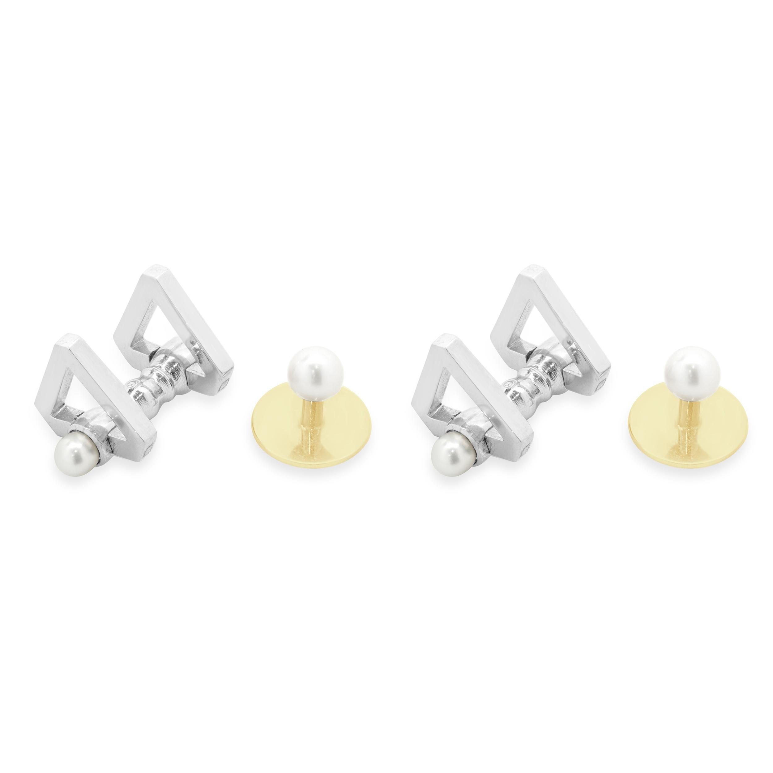 Designer: Tiffany & Co. 
Material: Platinum and 18k yellow gold
Dimensions: 5mm cufflinks and 5mm pearl studs
Weight: 20.63 grams
Original box
Monogram MGD