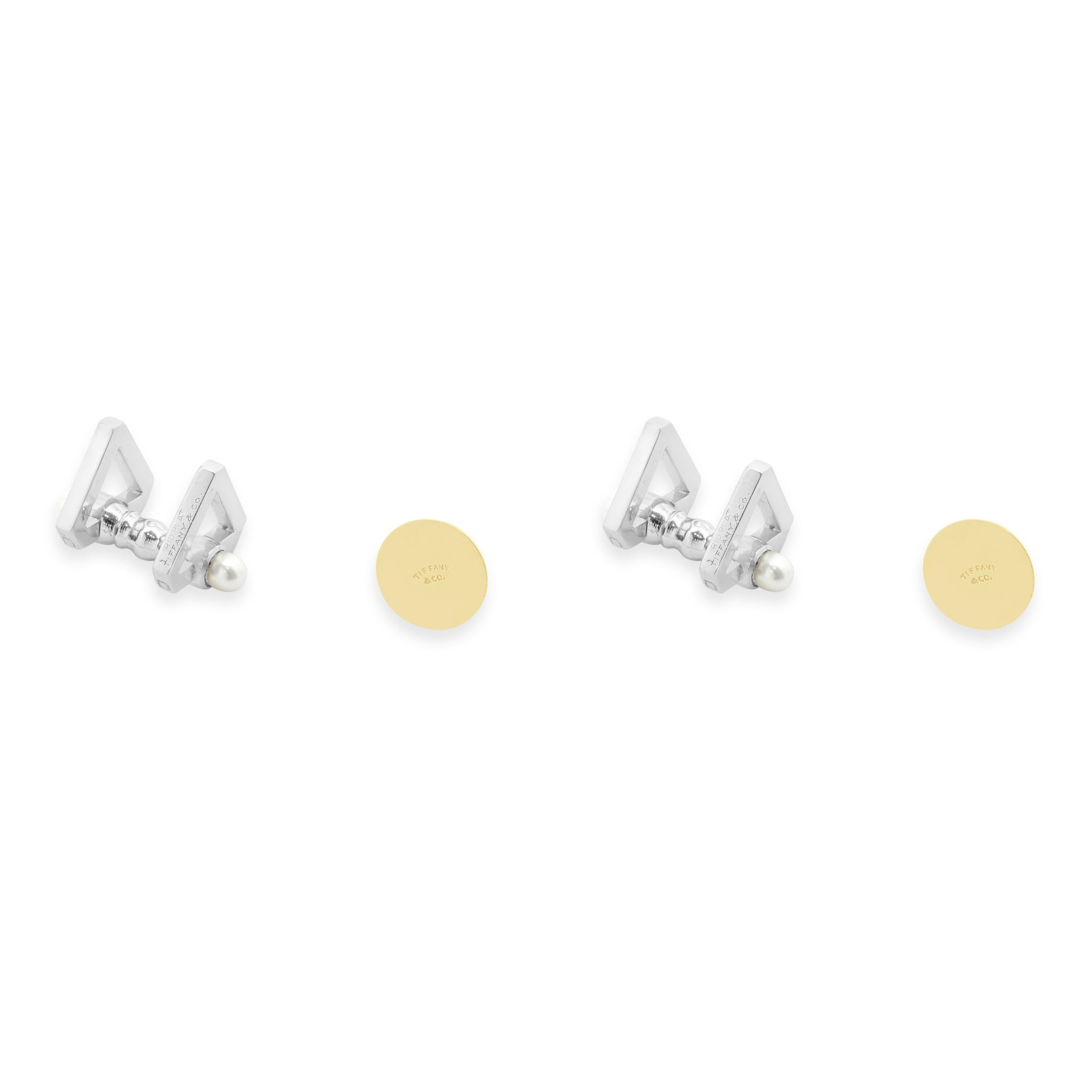 Round Cut Tiffany & Co. Platinum Cufflinks and 18k Yellow Gold 5mm Pearl Studs Tuxedo Set For Sale