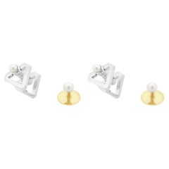 Tiffany & Co. Boutons de manchette en platine et clous d'oreilles en or jaune 18 carats avec perles de 5 mm