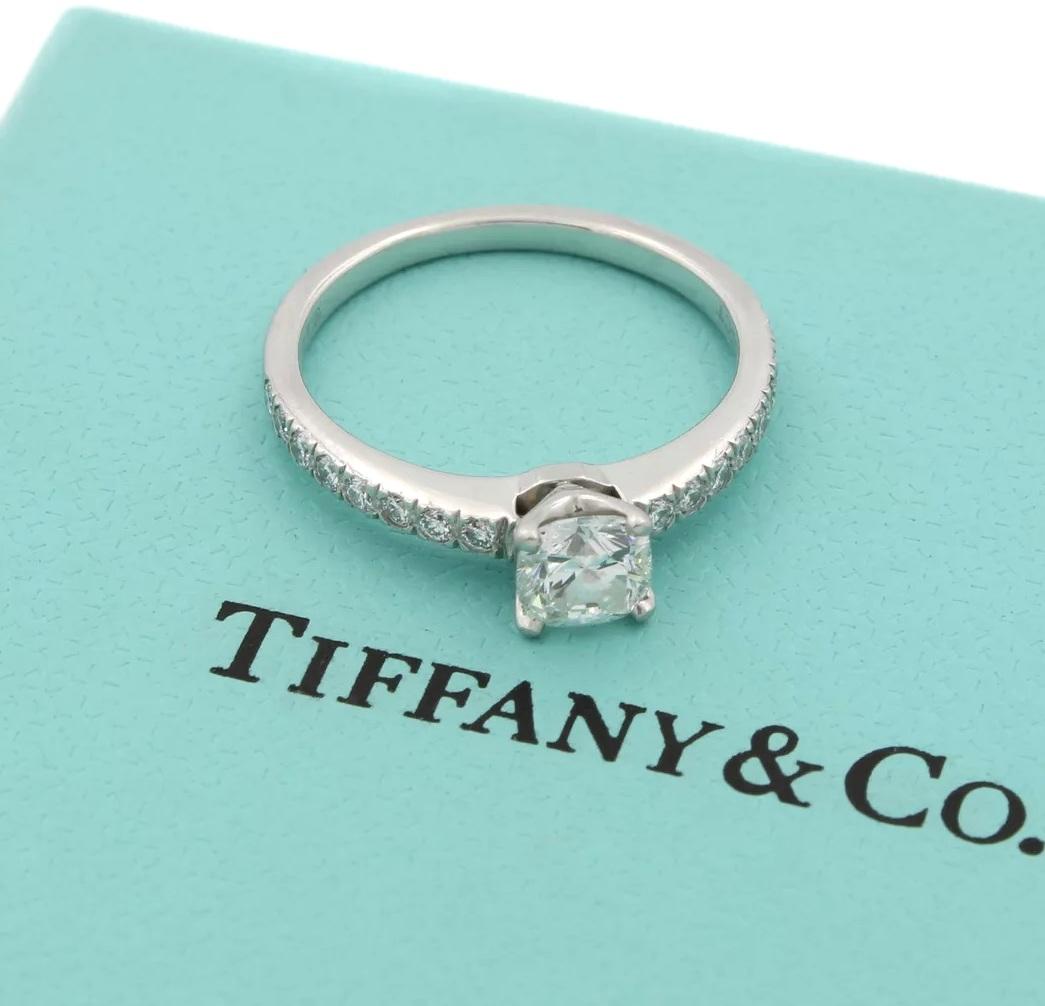 Women's TIFFANY & Co. Platinum Cushion Cut .55ct Diamond Engagement Ring 5.5 For Sale