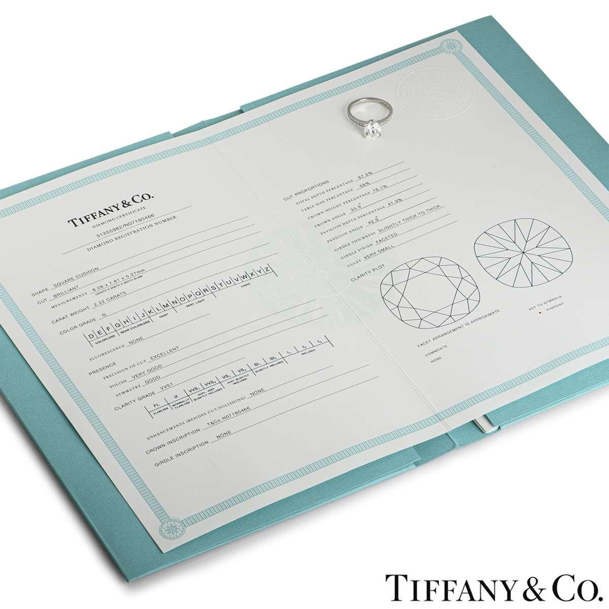 Tiffany & Co. Platinum Cushion Cut Diamond Novo Ring 2.22 Carat G/VVS1 For Sale 1