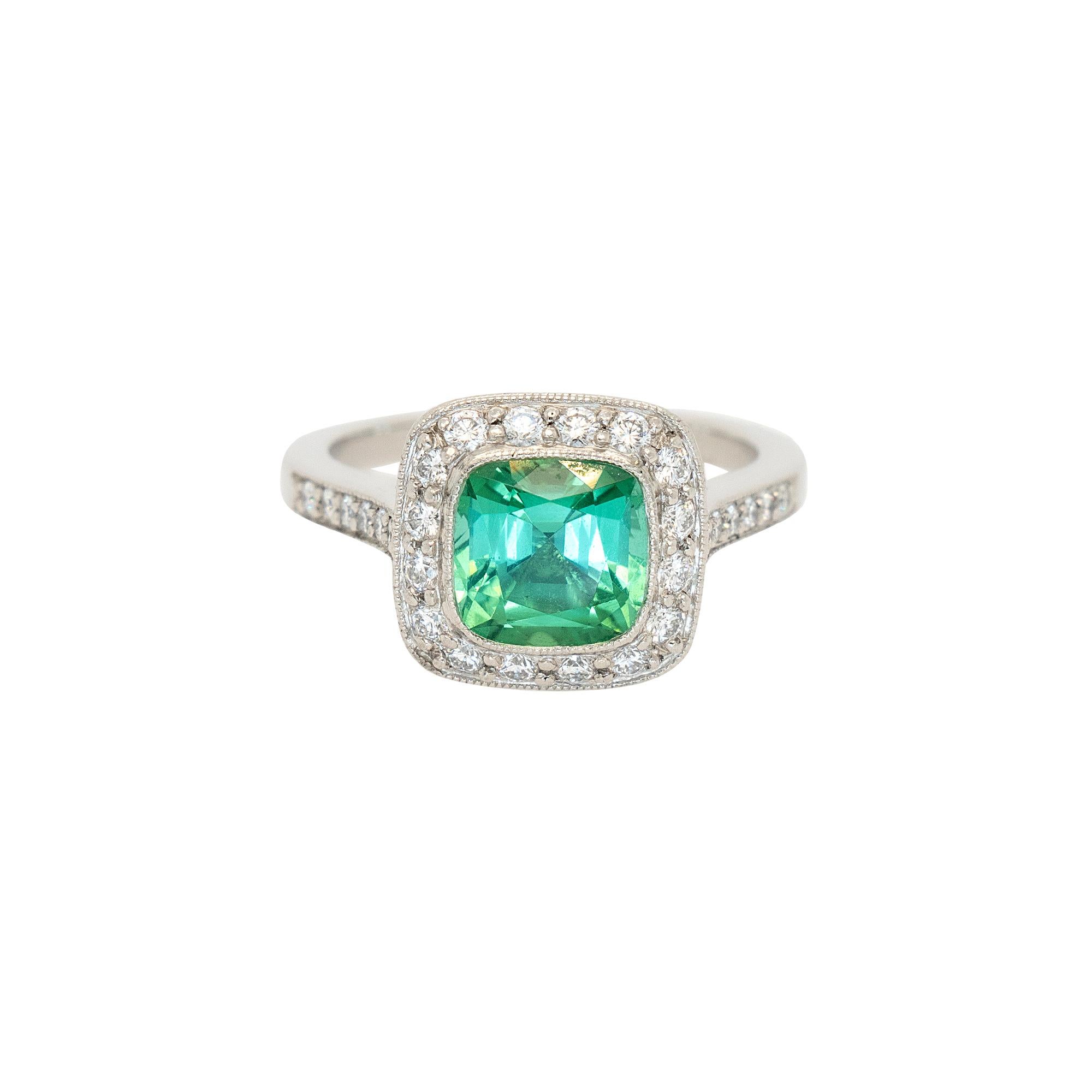 Tiffany & Co. Platinum Cushion Cut Tourmaline Green Center Gemstone with 0.38ctw Diamond Halo Ring

This stunning Tiffany Gemstone Diamond Ring is in excellent condition and is ready to ship!

Experience the pinnacle of luxury with this