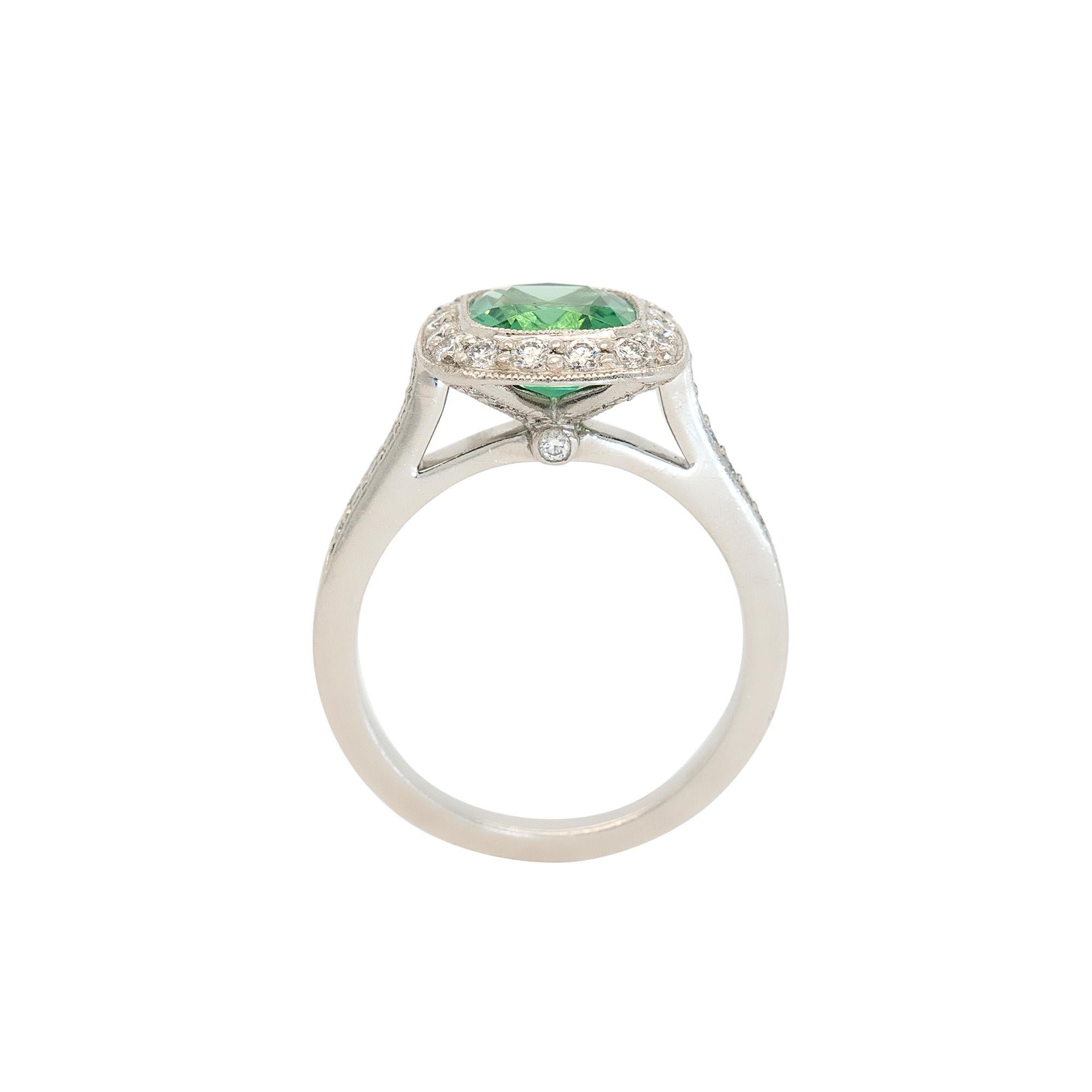 Women's Tiffany & Co. Platinum Cushion Cut Green Center Gemstone with 0.38ctw Diamond  For Sale