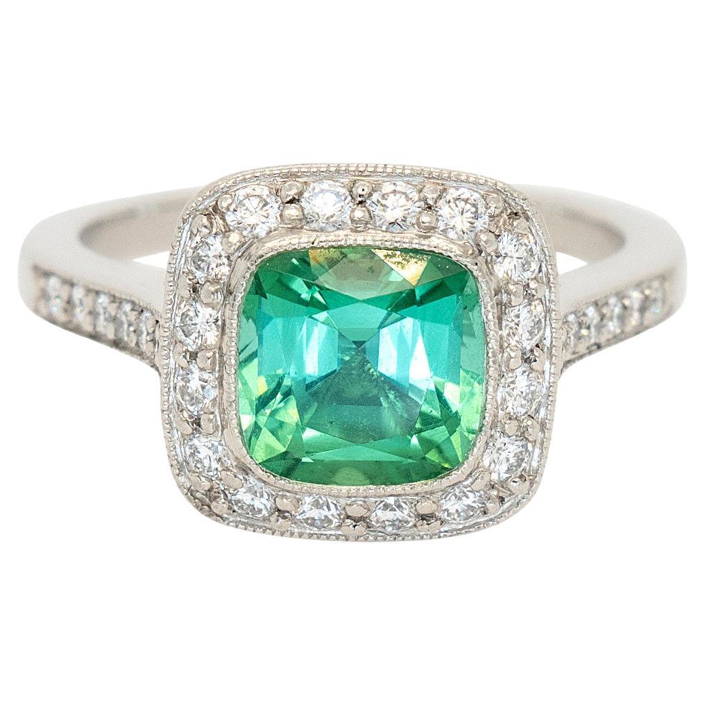 Tiffany & Co. Platinum Cushion Cut Green Center Gemstone with 0.38ctw Diamond  For Sale