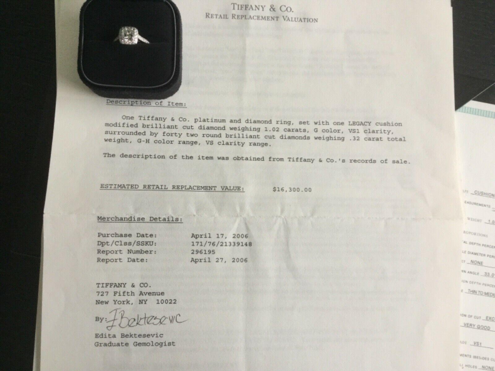 Tiffany & Co. Platinum Diamond 1.02 Carat Legacy Engagement Ring G VS1 3