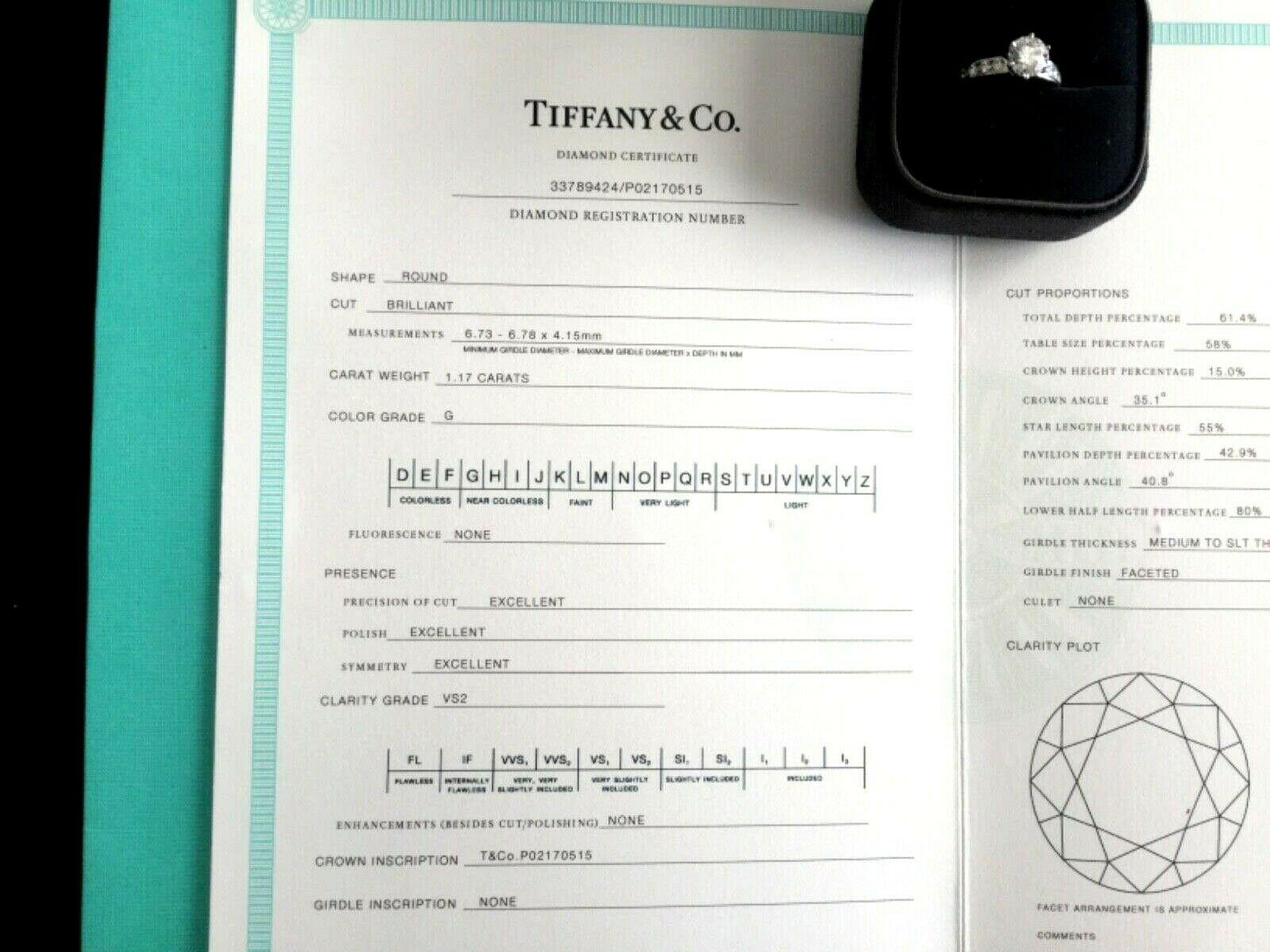 Tiffany & Co. Platinum Diamond 1.17 Carat Round Engagement Ring G VS2 2