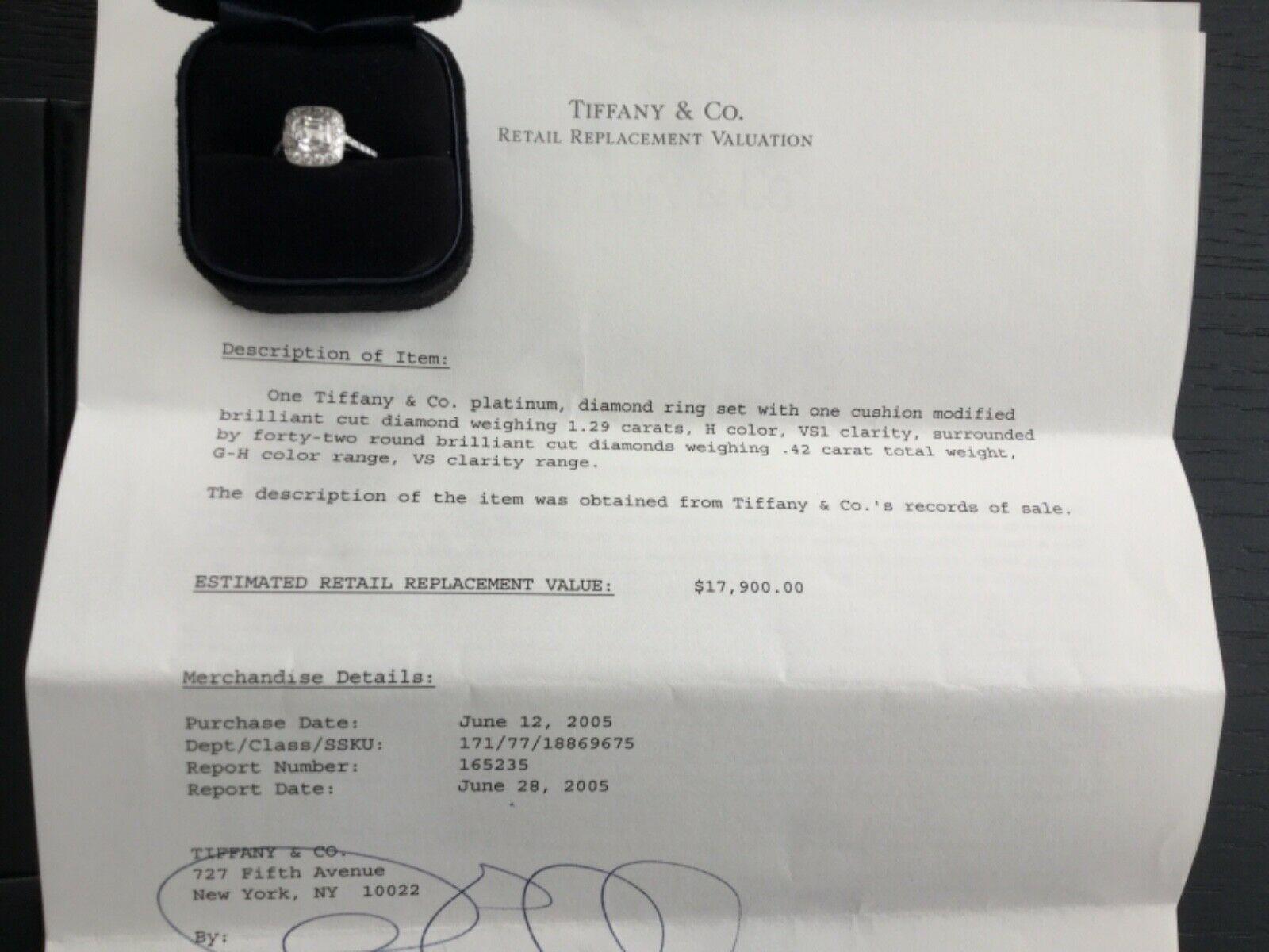 Tiffany & Co. Platinum Diamond 1.29 Carat Legacy Engagement Ring H VS1 2