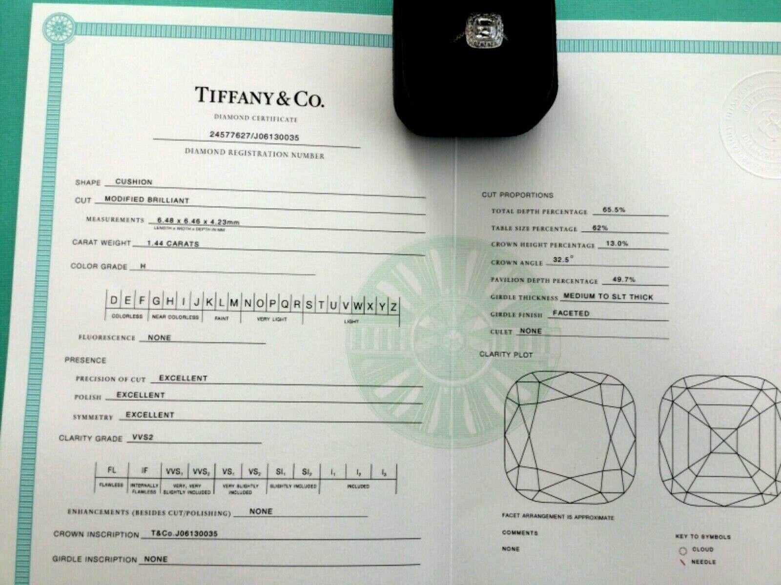 Tiffany & Co. Platinum Diamond 1.44 Carat Legacy Engagement Ring H VVS2 3 EXC 1