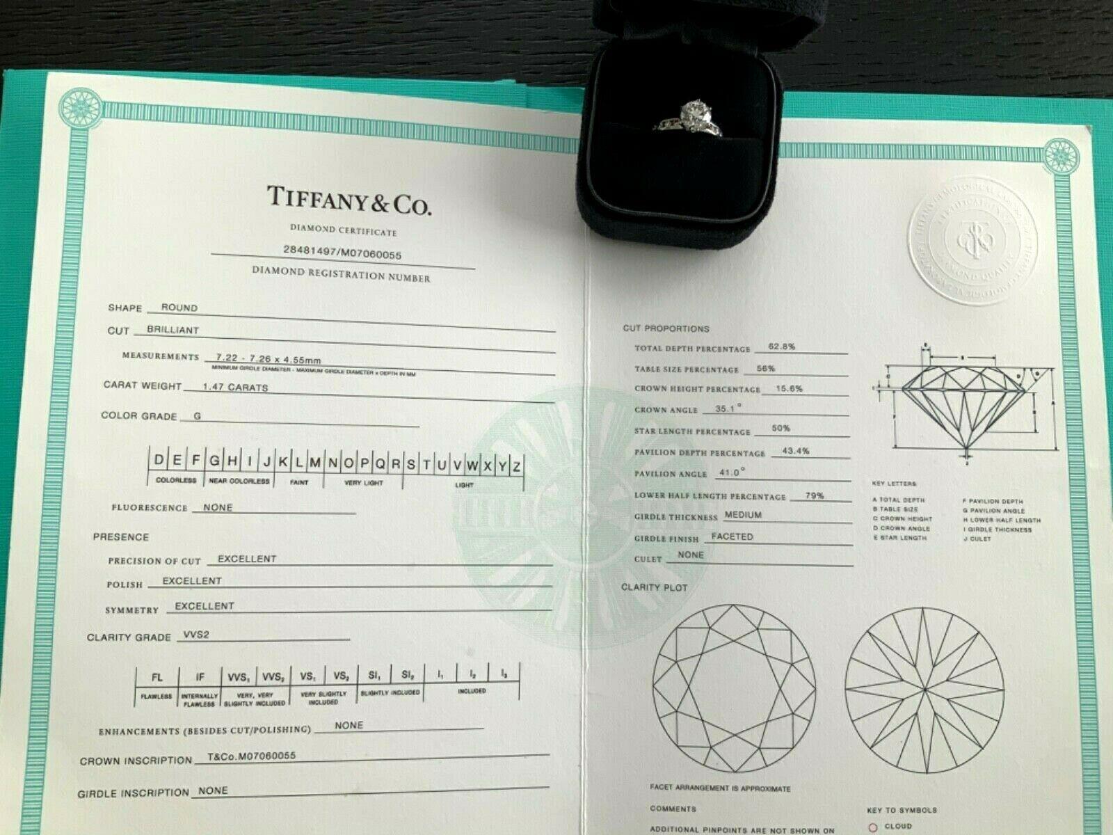 Tiffany & Co. Platinum Diamond 1.47 Carat Round Engagement Ring G VVS2 Triple Ex For Sale 2