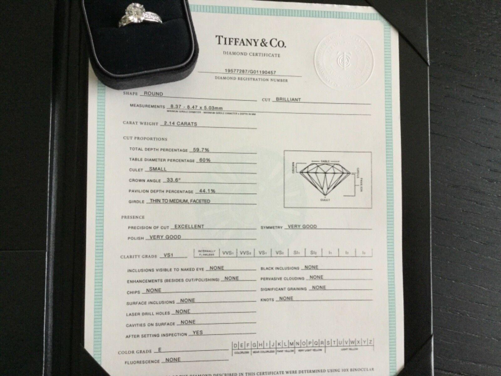 Round Cut Tiffany & Co. Platinum Diamond 2.14 Carat Round Engagement Ring E VS1