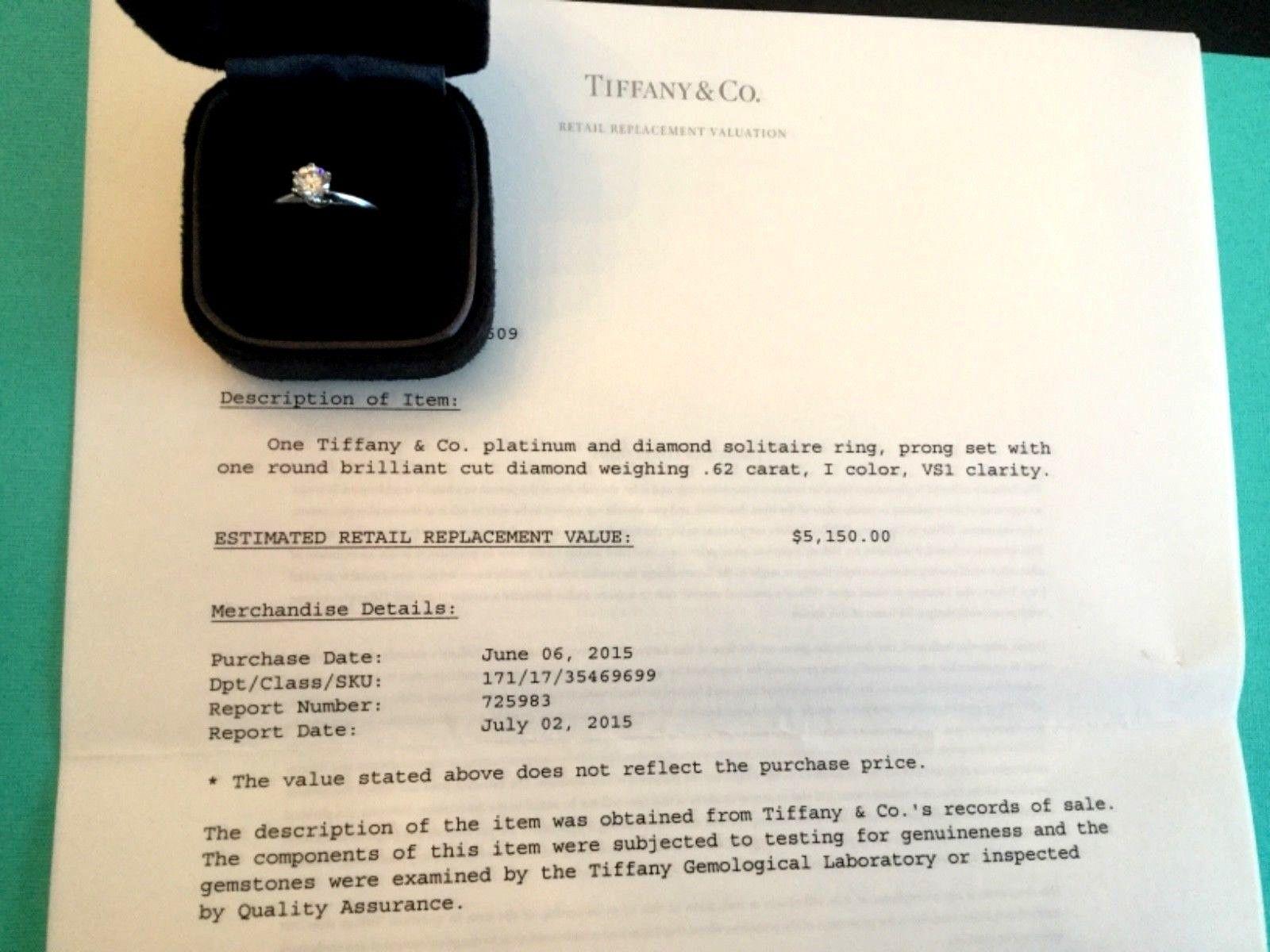 Tiffany & Co. Platinum Diamond .62 Carat Round Engagement Ring I VS1 Triple Exc 3