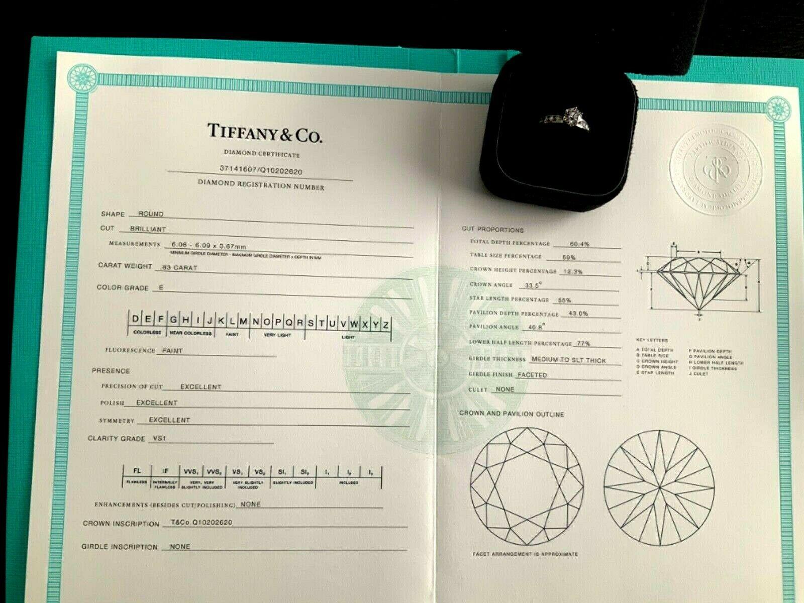 Women's Tiffany & Co. Platinum Diamond .83 Carat Round Ring E VS1 Triple Excellent For Sale