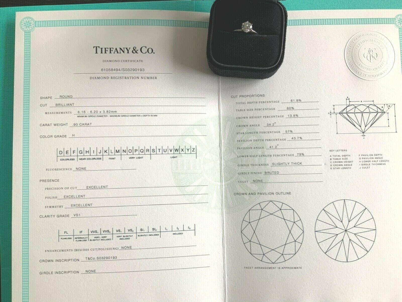 Women's Tiffany & Co. Platinum Diamond .90 Carat Round Ring H VS1 Triple Exc 2017 Model For Sale