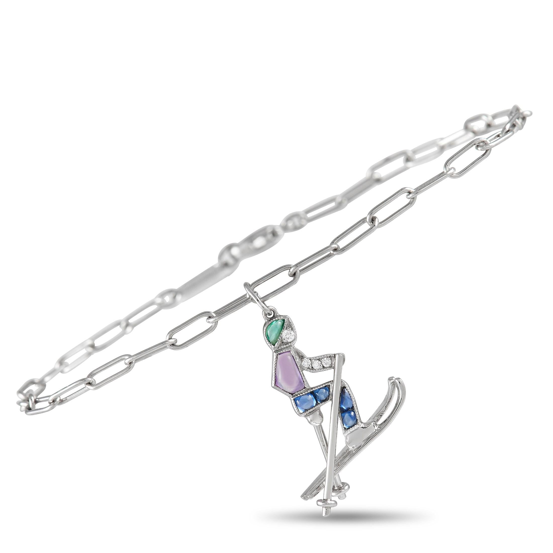 Tiffany & Co. Platinum Diamond, Amethyst, Emerald, & Sapphire Ski Charm Bracelet In Excellent Condition In Southampton, PA