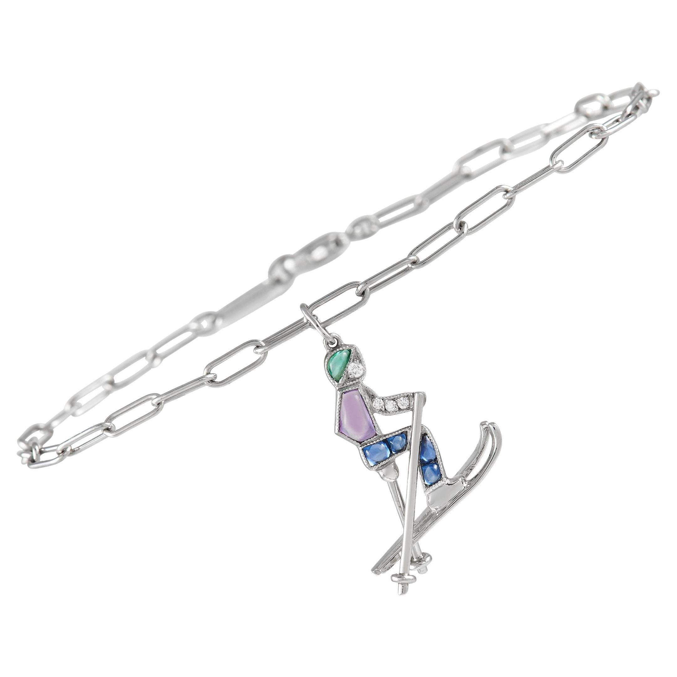 Tiffany & Co. Platinum Diamond, Amethyst, Emerald, & Sapphire Ski Charm Bracelet