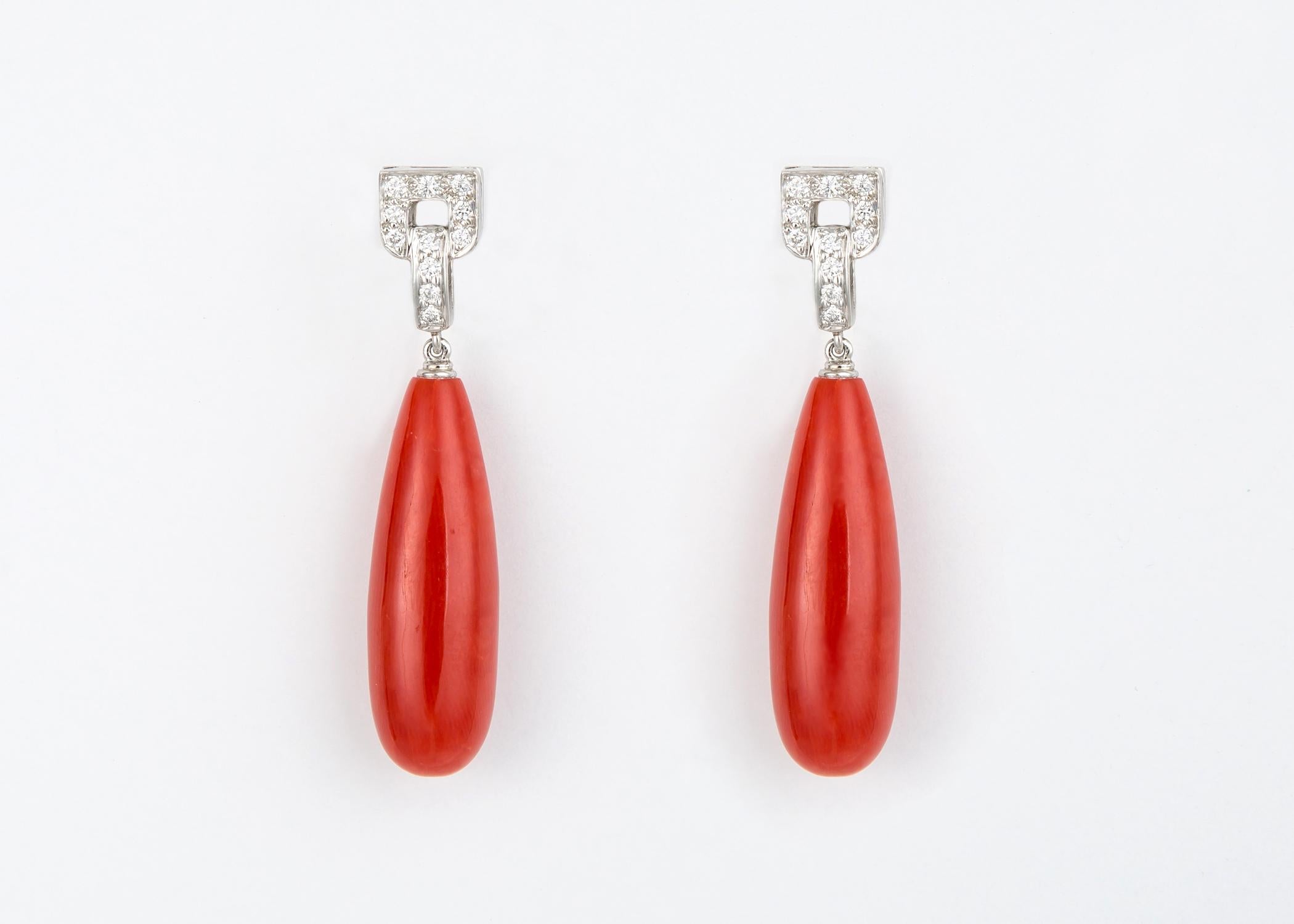 Contemporary  Tiffany & Co. Platinum Diamond and Coral Drop Earrings