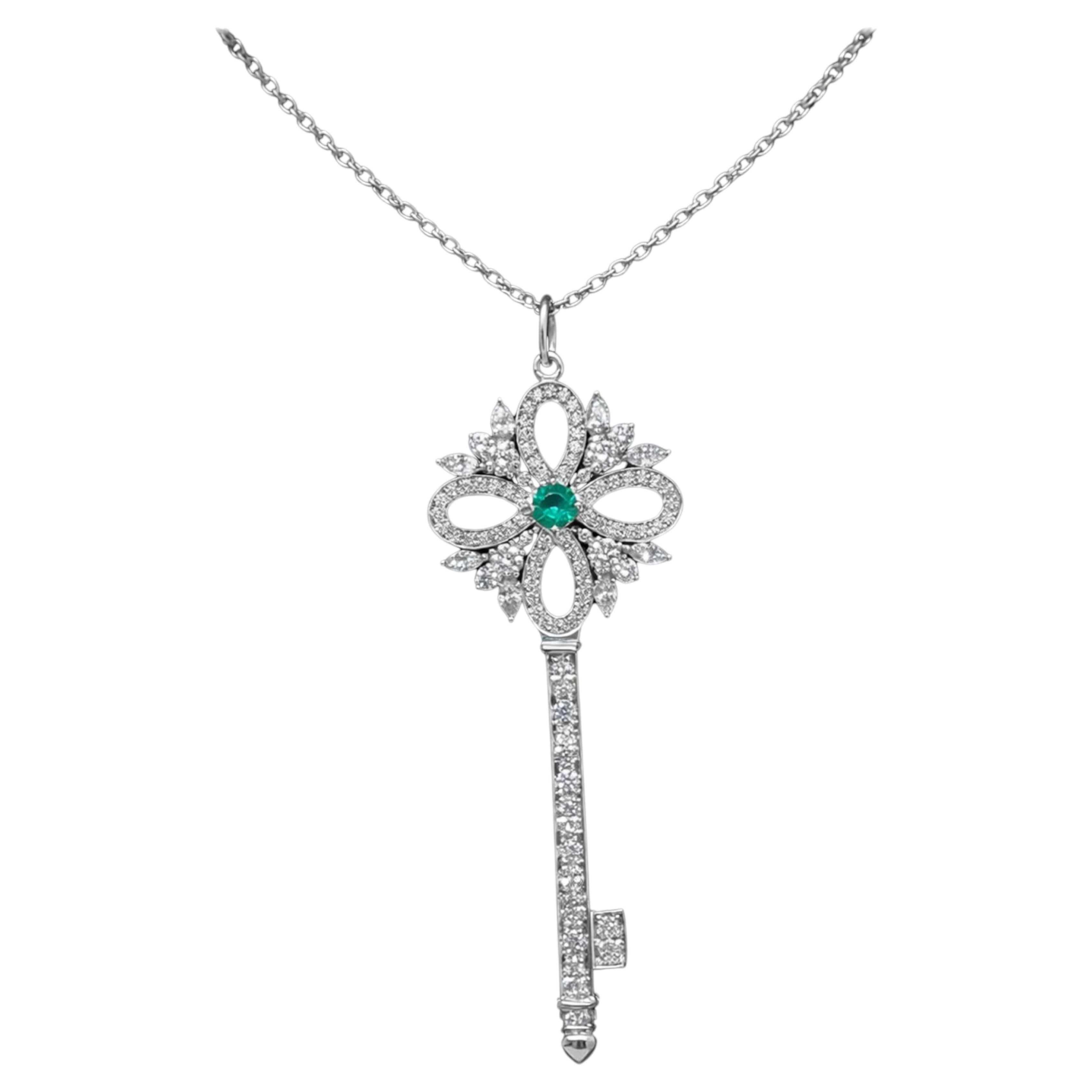 Tiffany & Co. Platinum Diamond and Emerald Tiffany Keys Pendant Necklace For Sale