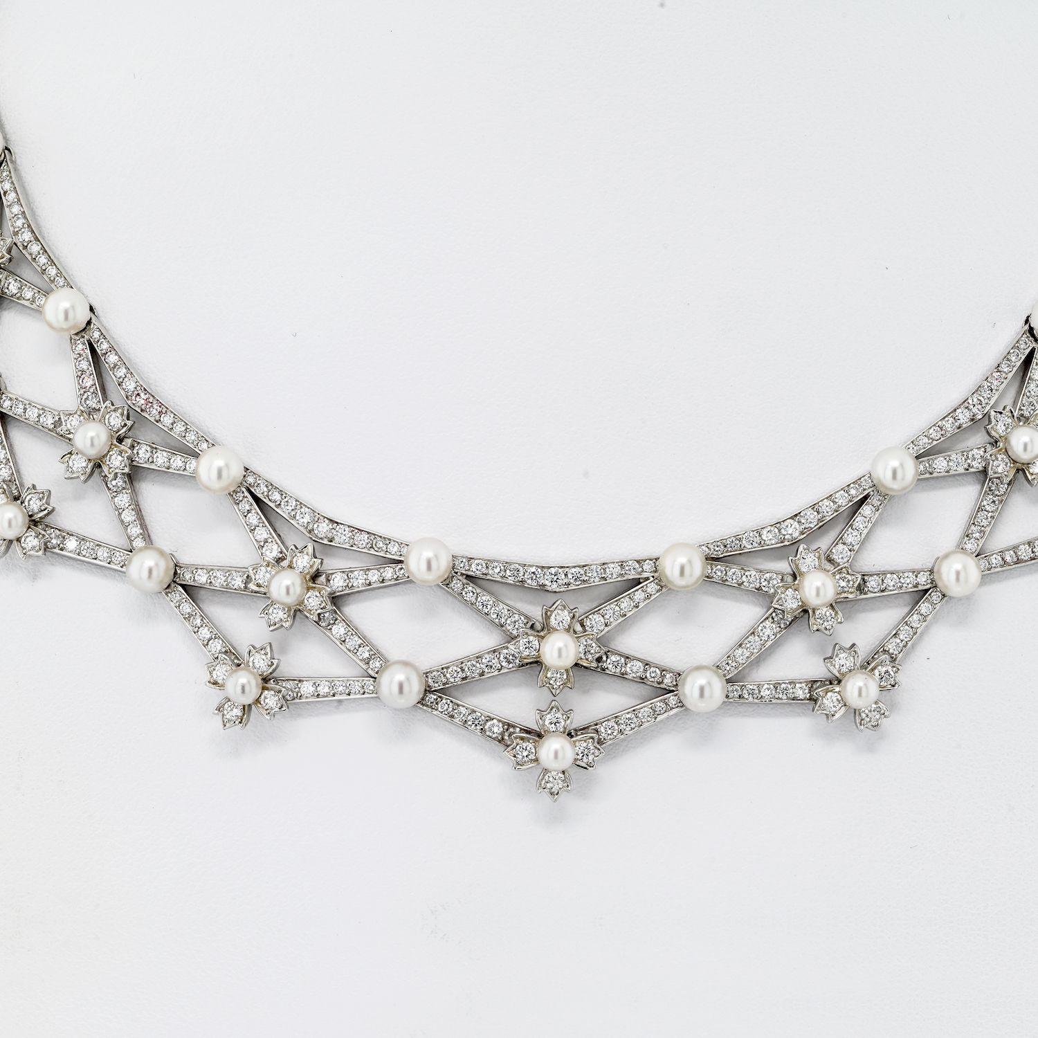 Modern Tiffany & Co. Platinum Diamond And Pearl Collar Bib Necklace For Sale