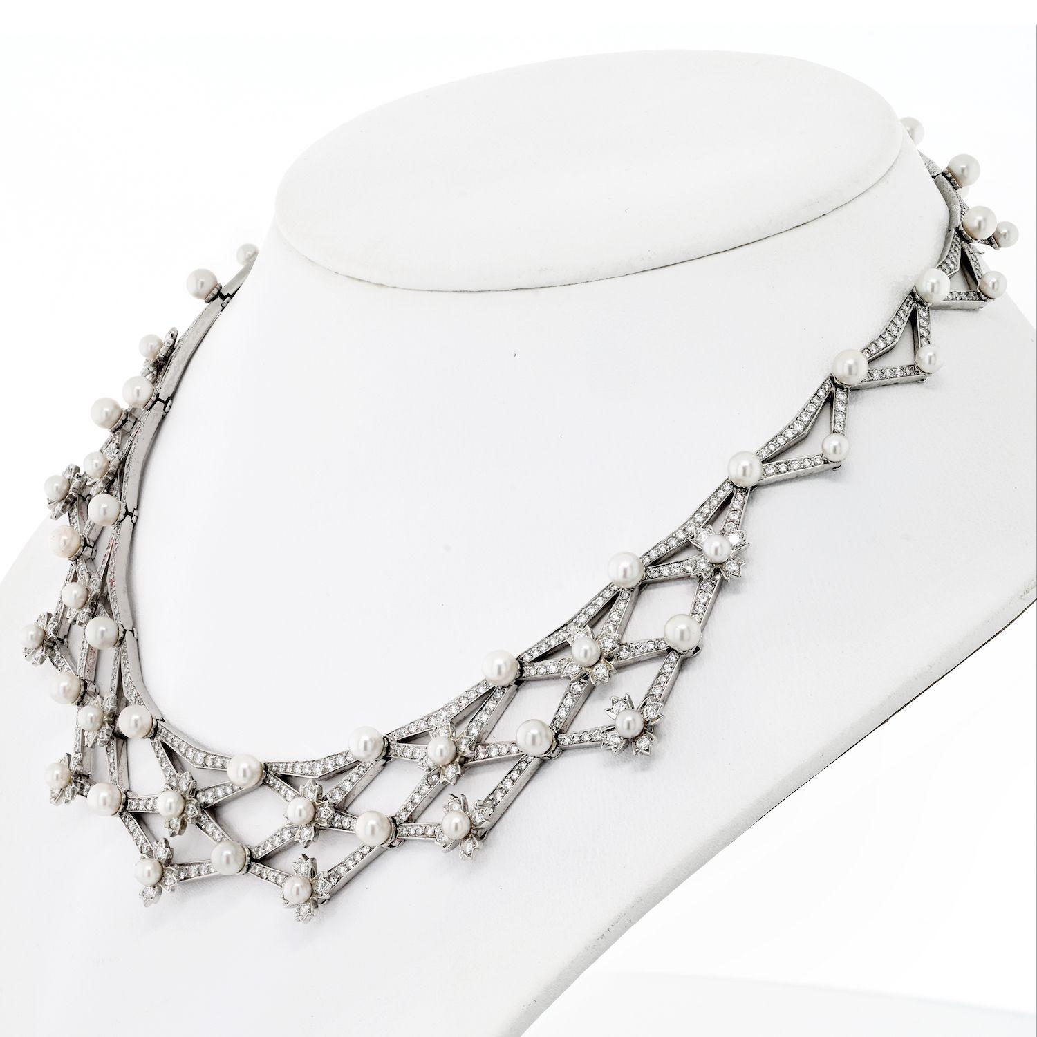 Round Cut Tiffany & Co. Platinum Diamond And Pearl Collar Bib Necklace For Sale
