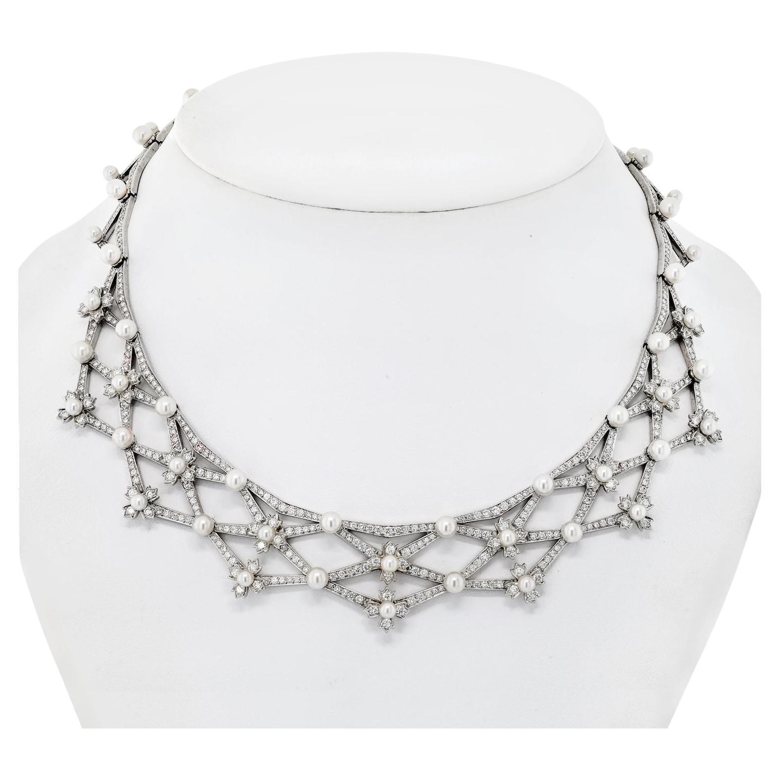 Tiffany & Co. Platinum Diamond And Pearl Collar Bib Necklace For Sale