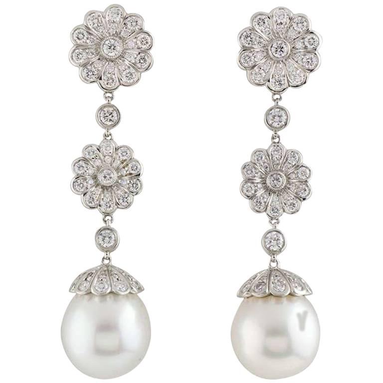 Tiffany & Co. Platinum Diamond and Pearl Drop Earrings