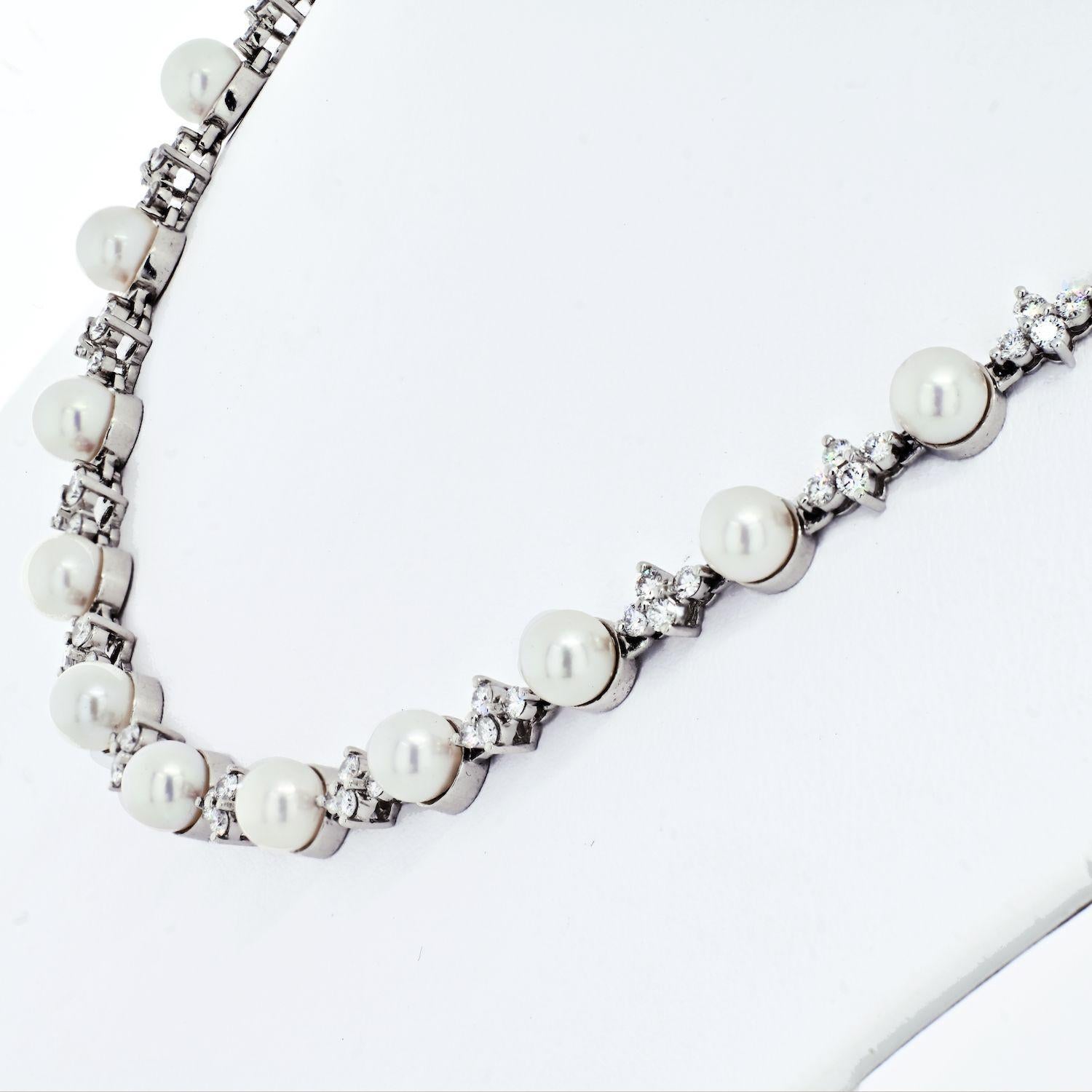 Inspired by the fire and radiance of our superlative diamonds, Tiffany & Co. uses a unique combination of cuts for a distinctly romantic sensibility. Timeless pearls and brilliant diamonds glow in this sophisticated necklace.

Platinum with