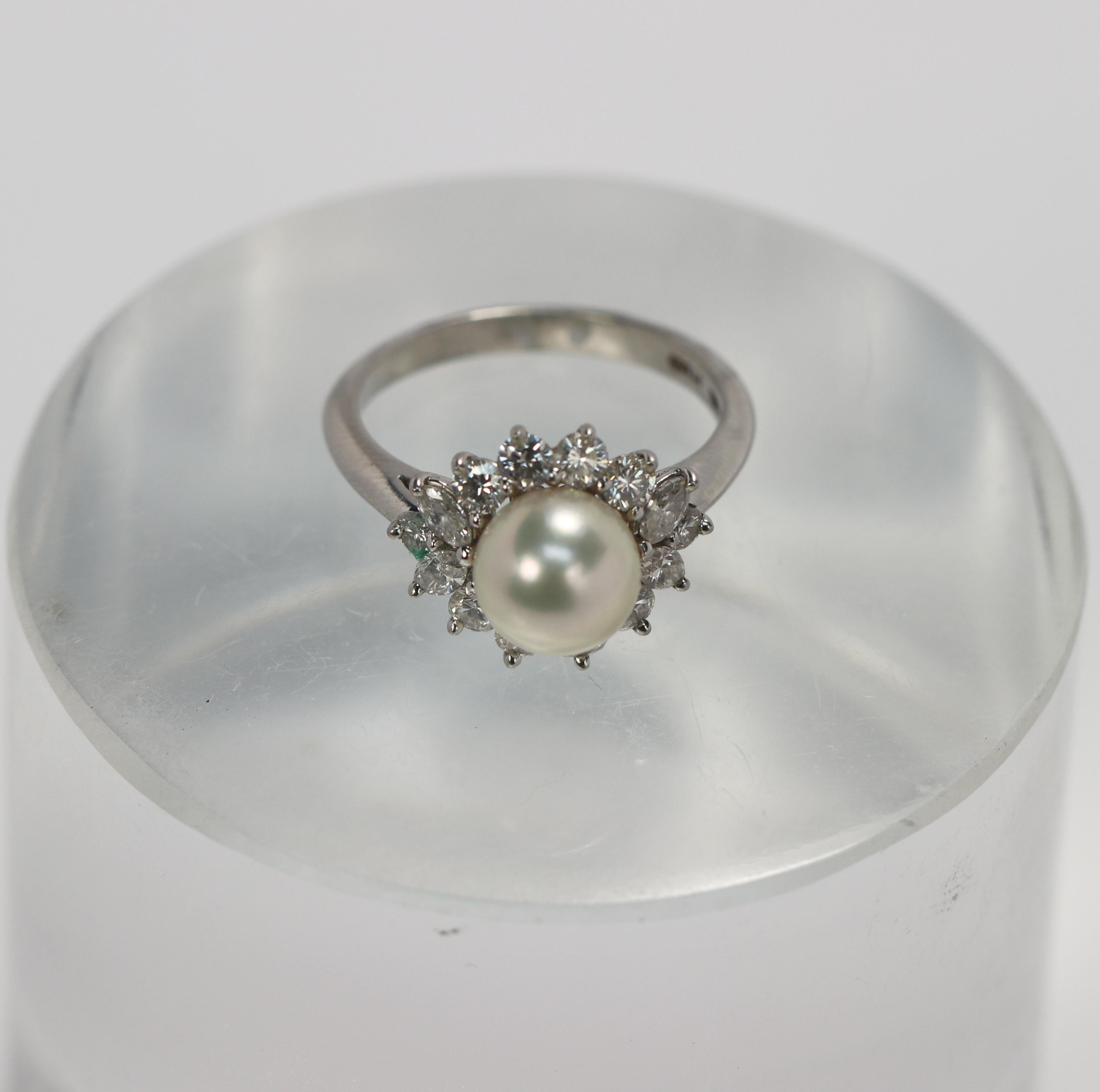 Round Cut Tiffany & Co. Platinum Diamond and Pearl Ring