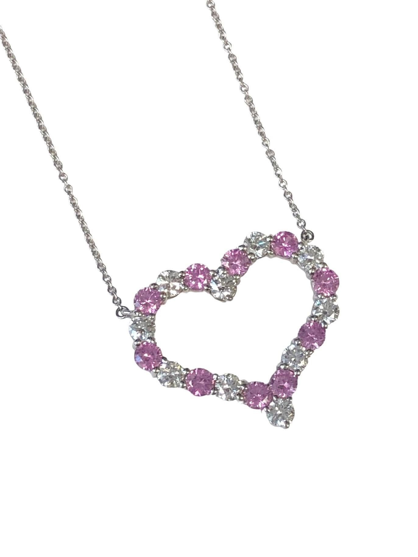 Round Cut Tiffany & Co. Platinum Diamond and Pink Sapphire Open Heart Pendant Necklace For Sale