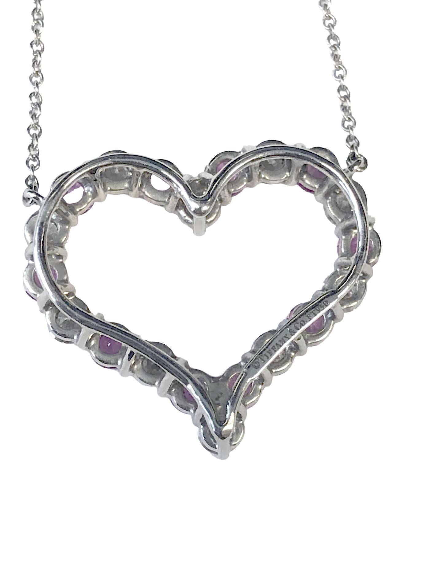 Tiffany & Co. Platinum Diamond and Pink Sapphire Open Heart Pendant Necklace In Excellent Condition For Sale In Chicago, IL