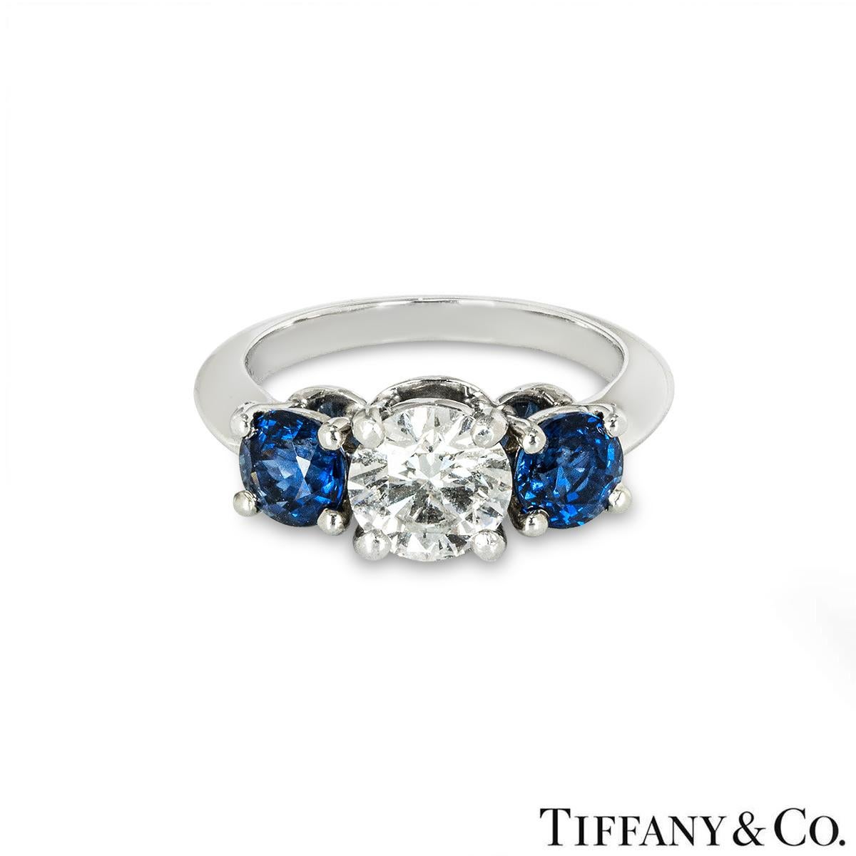 Round Cut Tiffany & Co. Platinum Diamond and Sapphire Ring 1.06ct E/VS1 For Sale