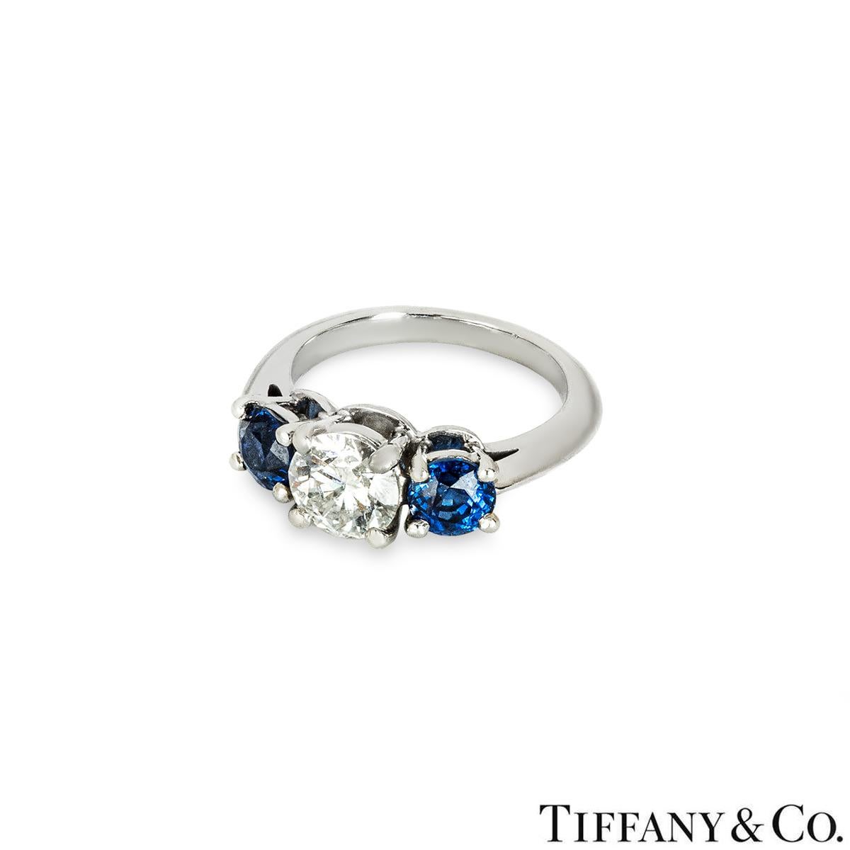 Round Cut Tiffany & Co. Platinum Diamond and Sapphire Ring 1.06ct E/VS1 For Sale