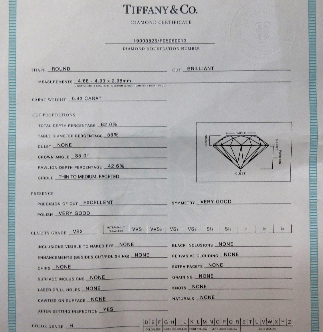 De las mujeres TIFFANY & Co. Anillo de compromiso de diamantes en platino .43ct 4.5 en venta