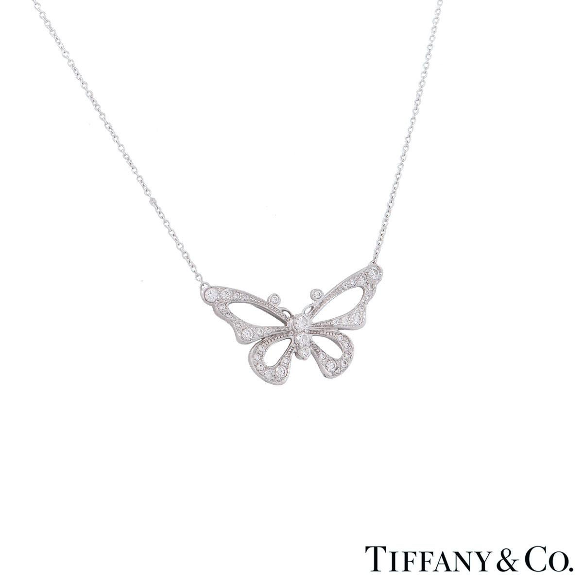 A stunning platinum diamond pendant by Tiffany & Co. from the Enchant collection. The pendant features a butterfly motif pave set with 37 round brilliant cut diamonds with a total weight of 0.68ct. The butterfly measures 2.9cm in length and 1.6cm in